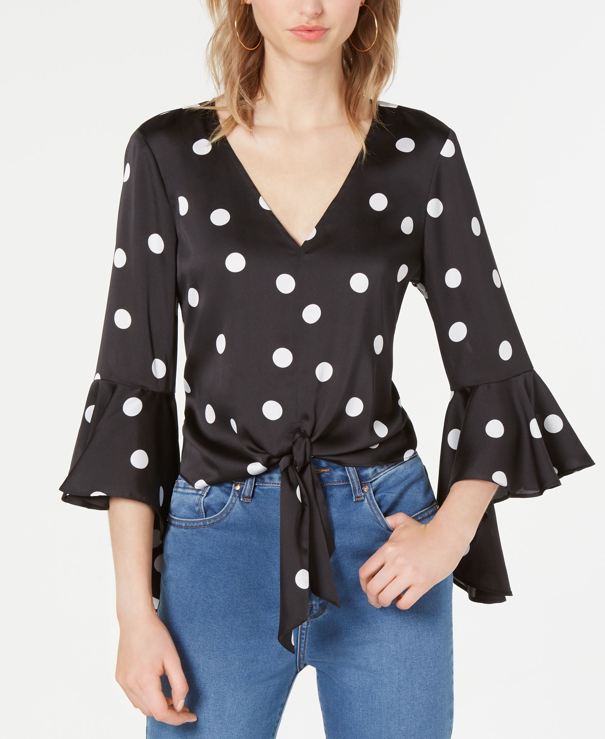 Bar III Dot Print Bell Sleeve Tie Hem Top