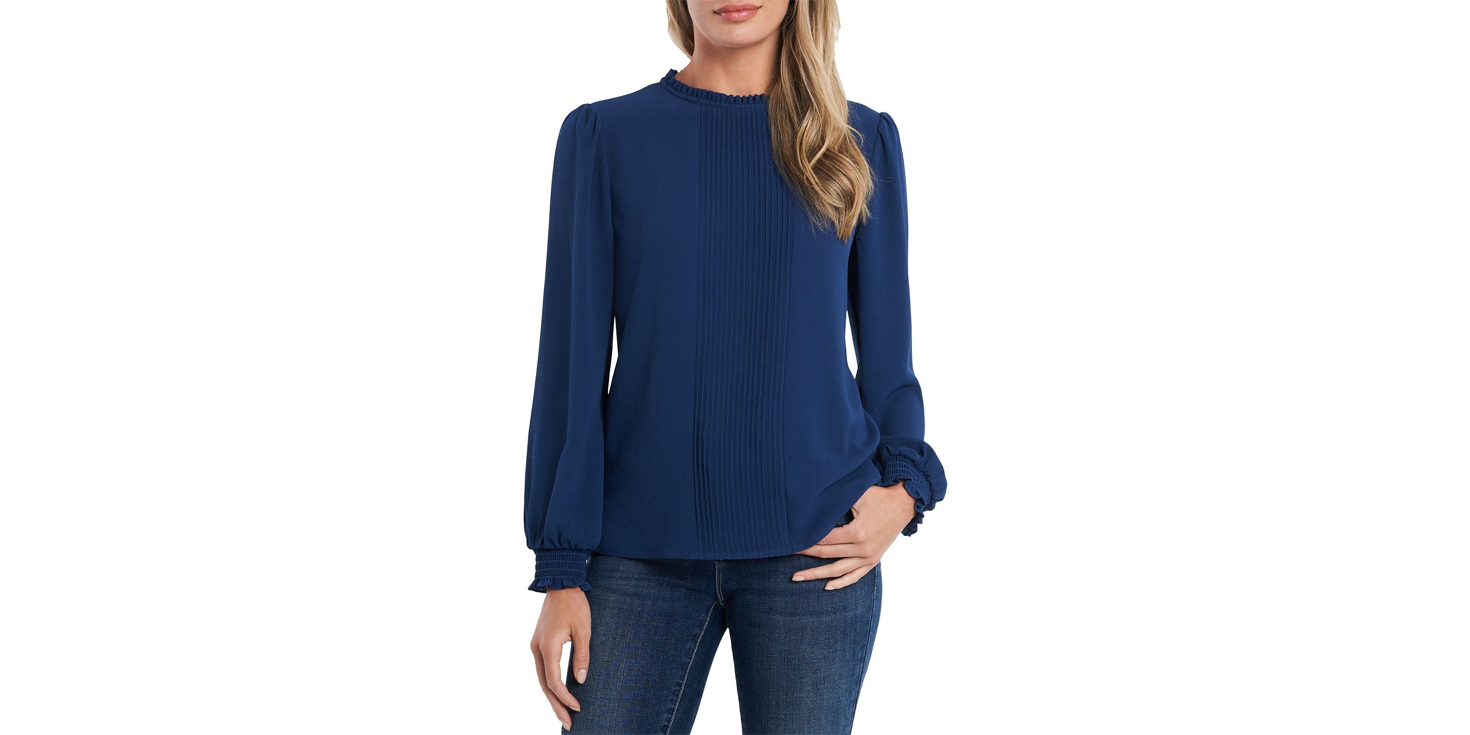 Women's Long Sleeve Smocked Cuff Pin-Tuck Front Blouse