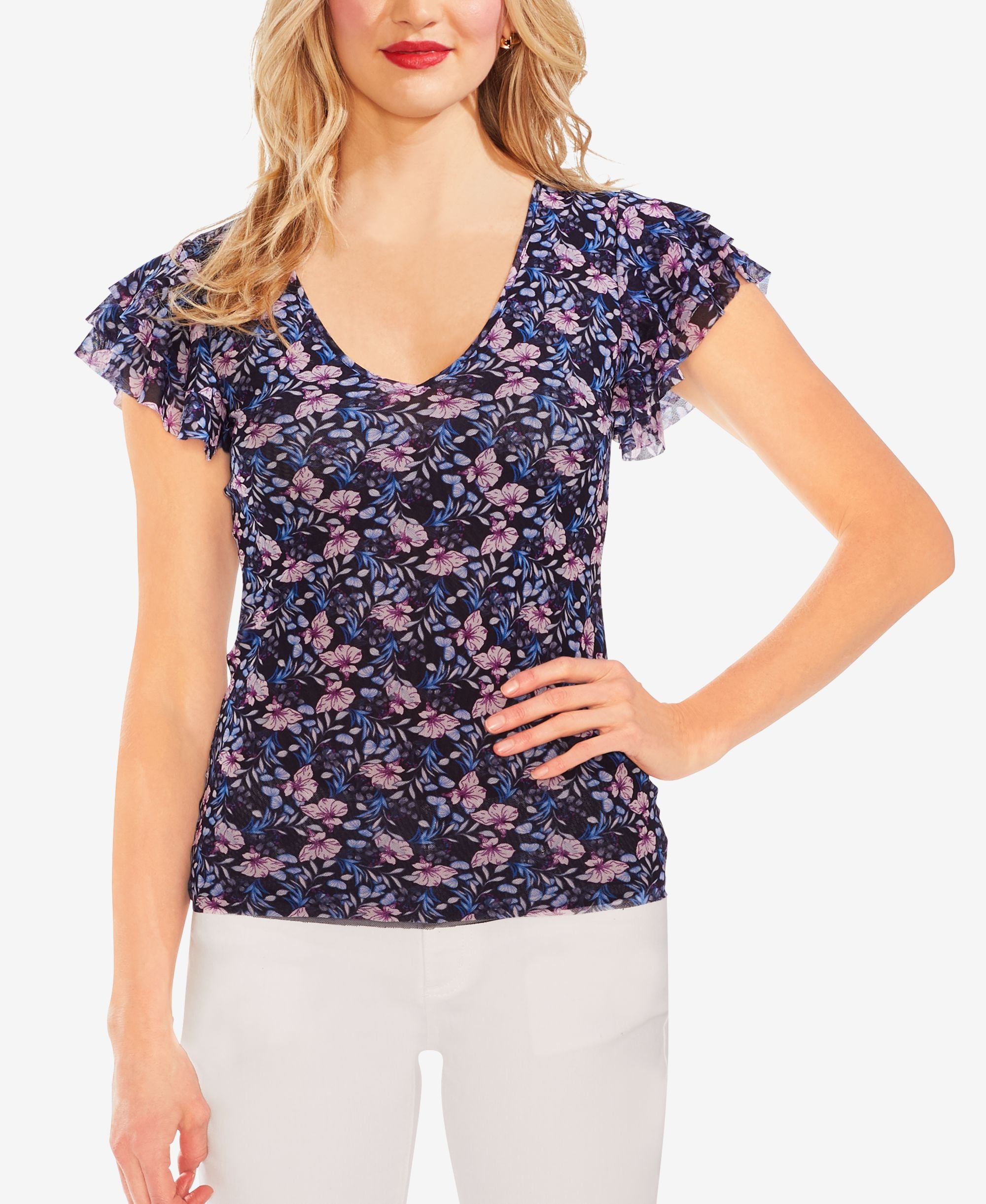 Vince Camuto Floral Print Ruffled Sleeve Top