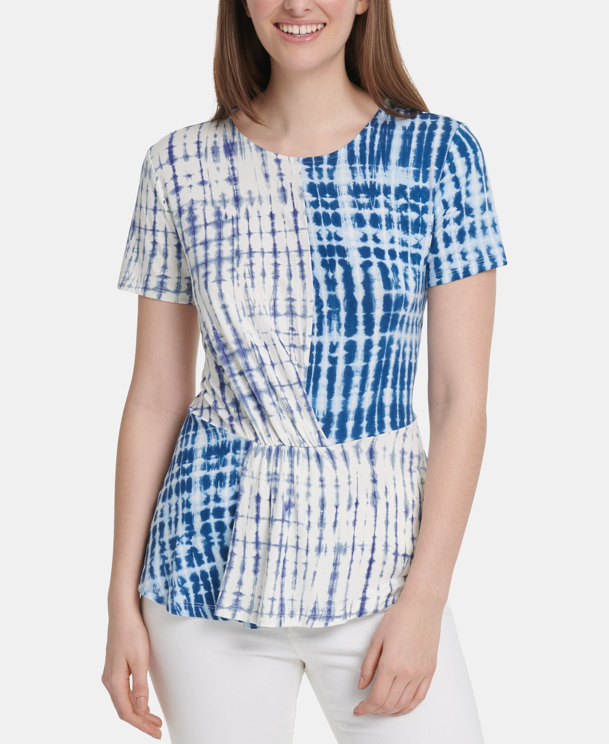 DKNY Colorblocked Tie Dyed Faux Wrap Top