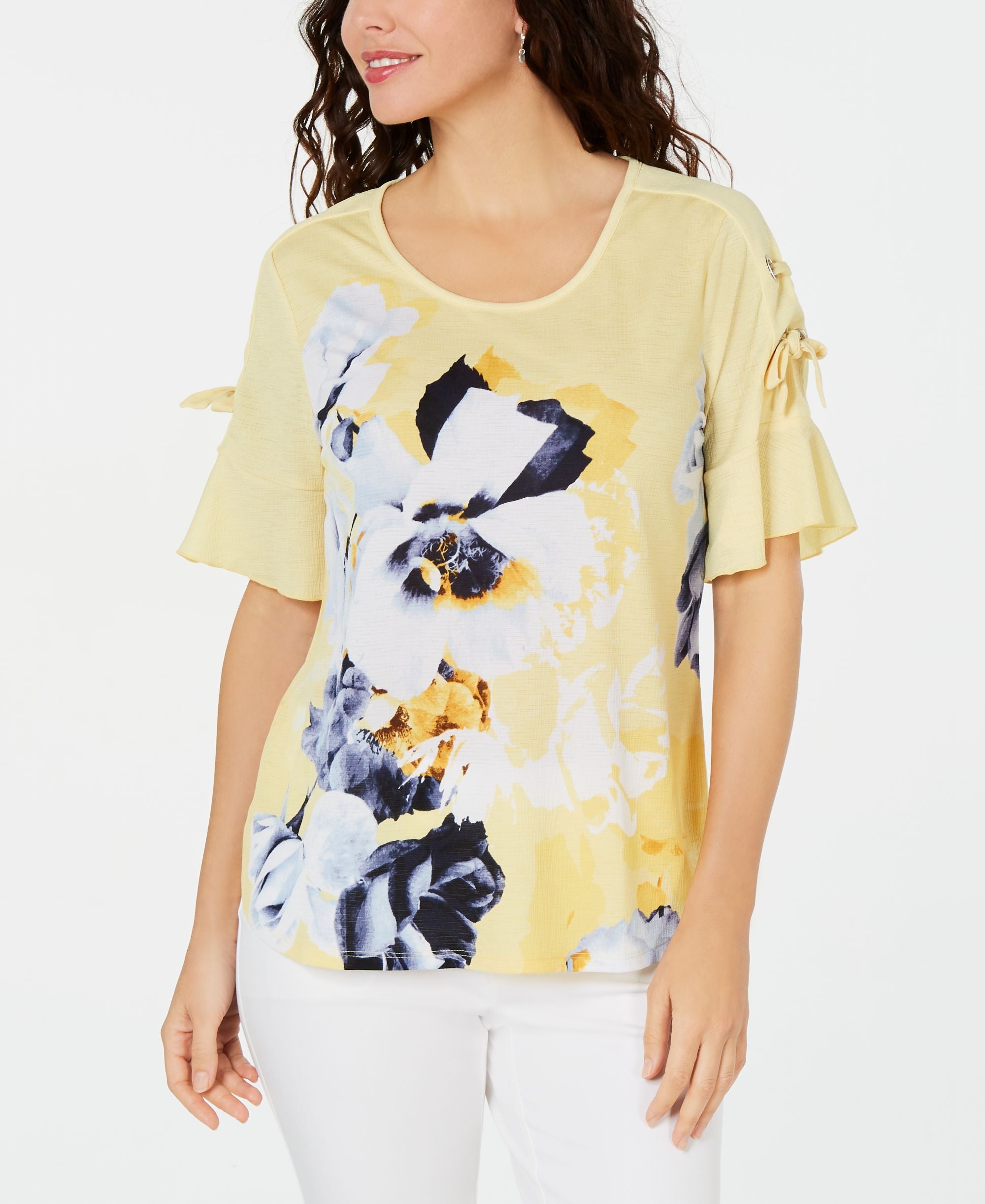 Printed Lace-Up-Sleeve Top