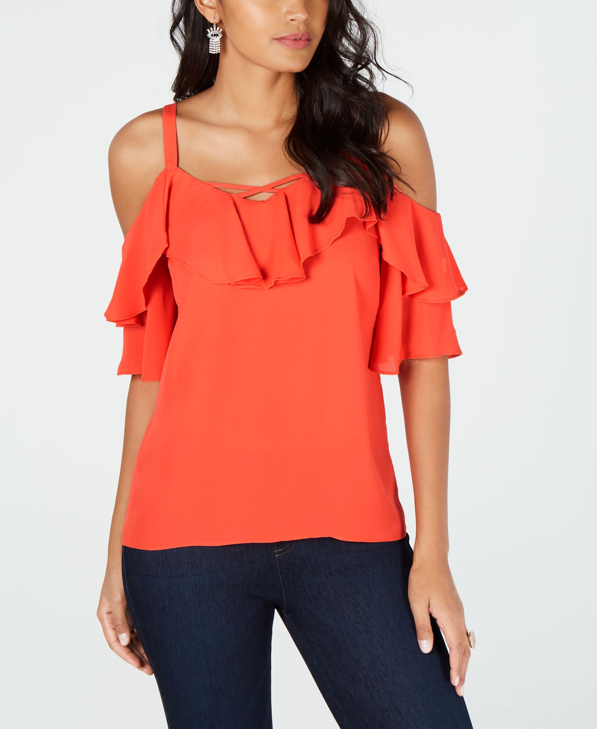 Thalia Sodi Ruffled Cold Shoulder Top