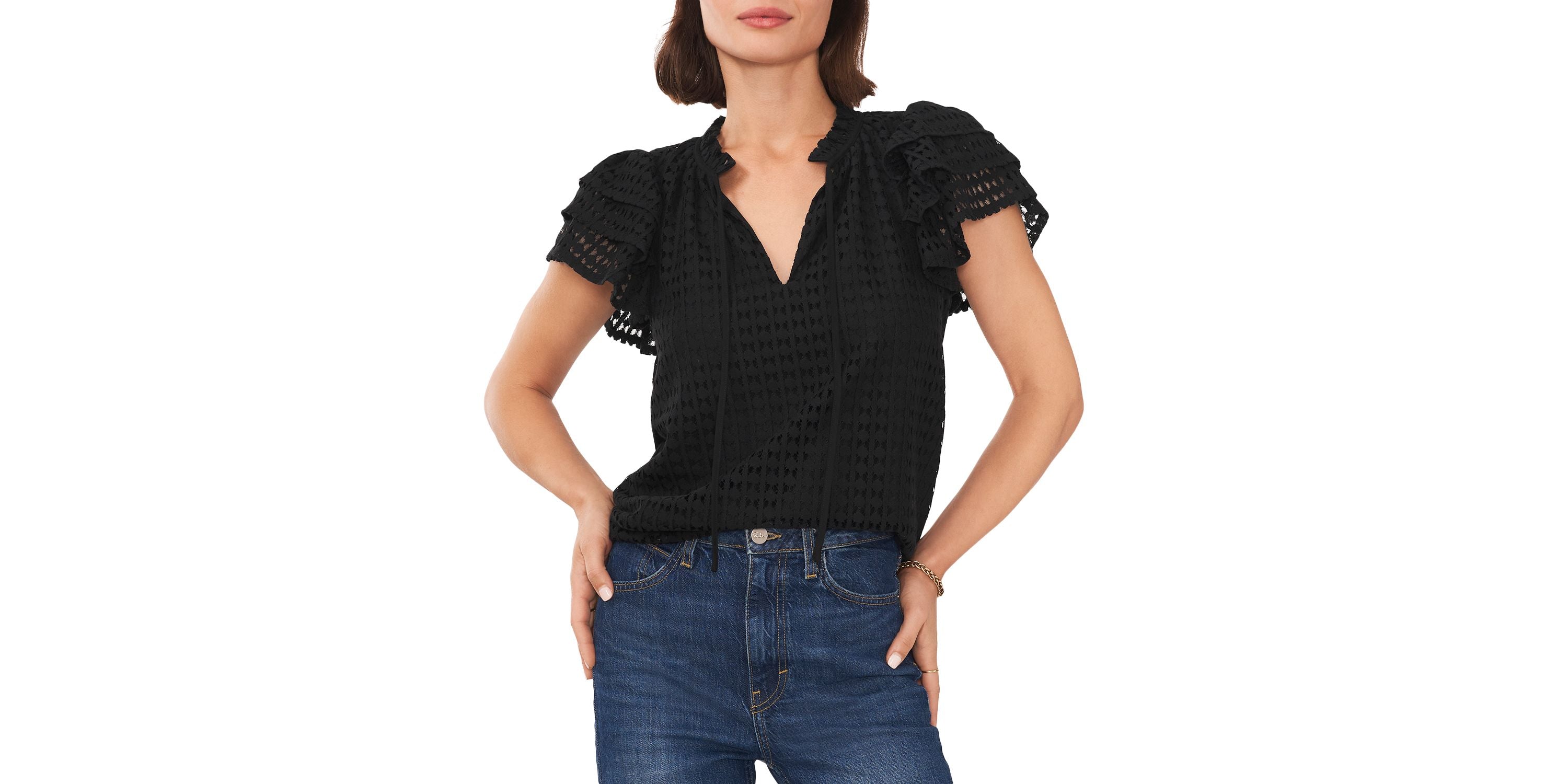 Women's Tie Neck Short Flutter-Sleeve Blouse