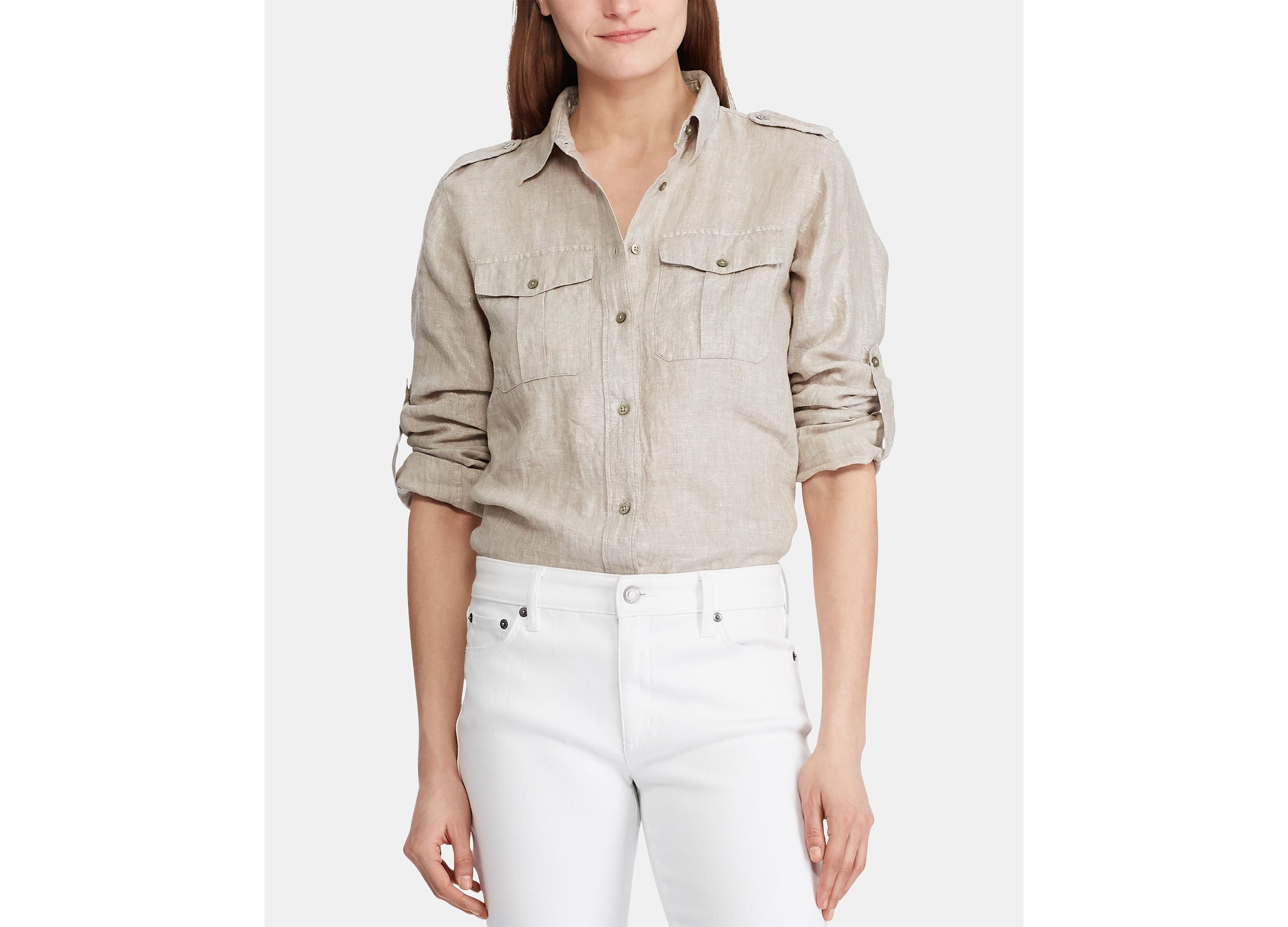 Ralph Lauren Petite Utility-Inspired Linen Shirt - Light Sage/Silver PXS