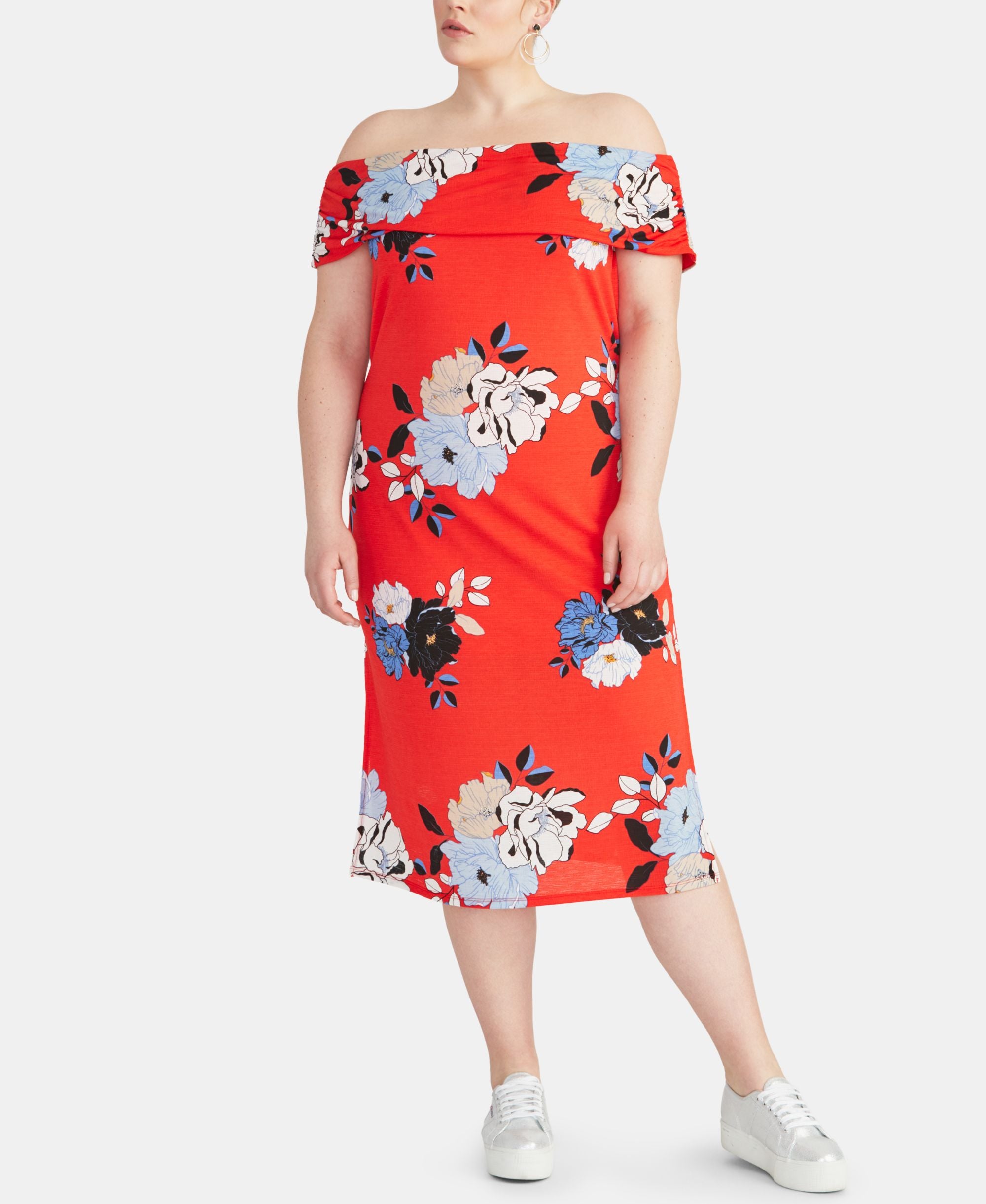 Trendy Plus Size Floral Off-The-Shoulder Midi Dress