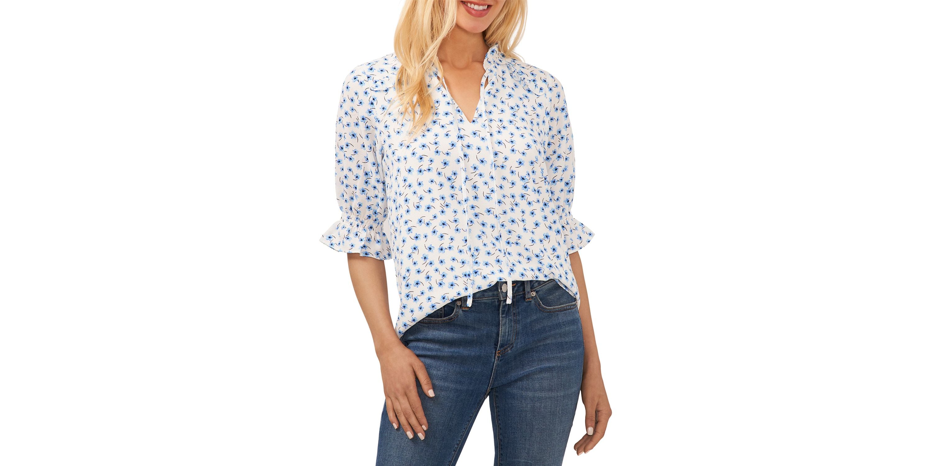 Women's 3/4-Sleeve Tie Neck Floral Print Blouse