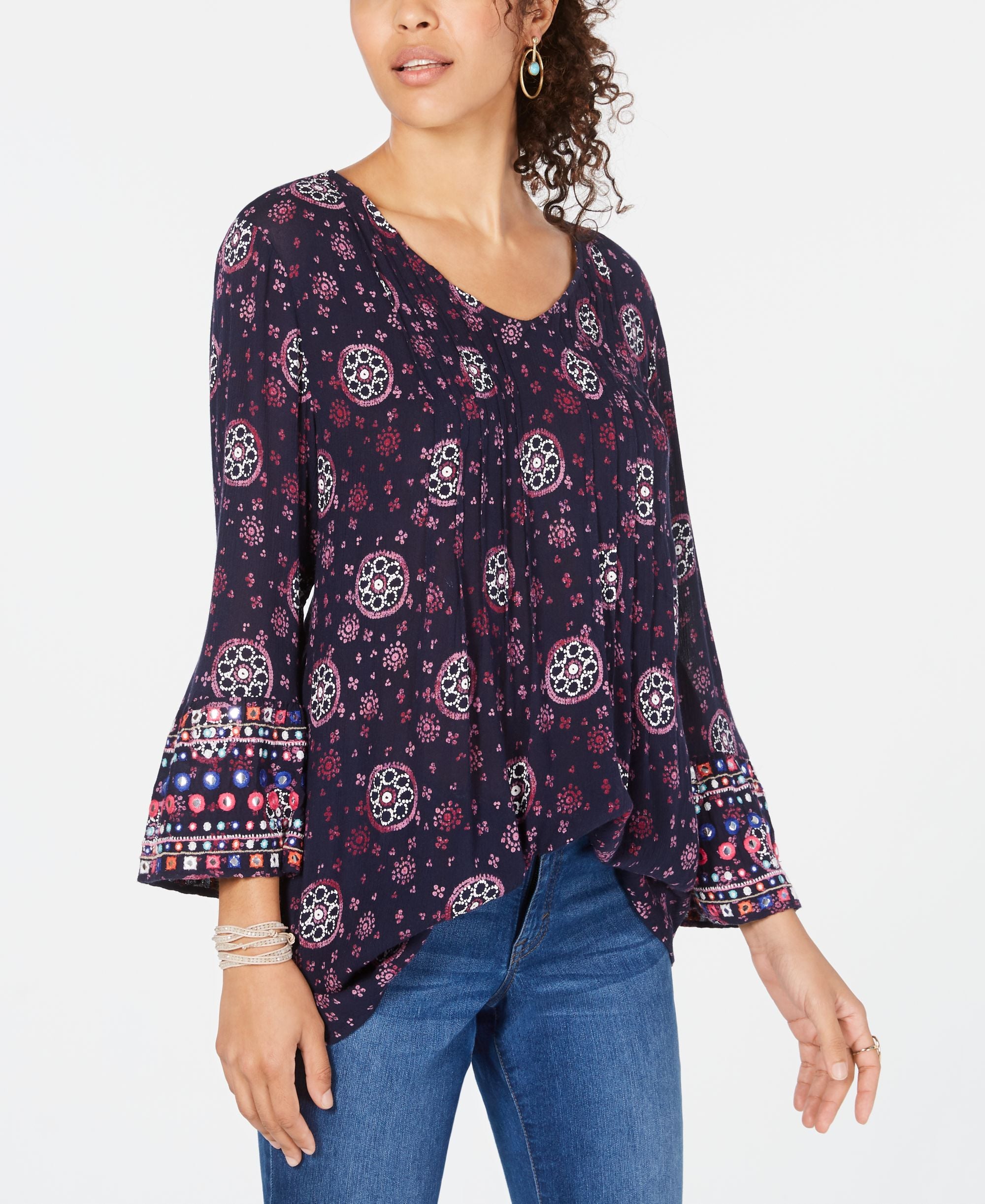 Style & Co Printed Pintucked Bell Sleeve Top