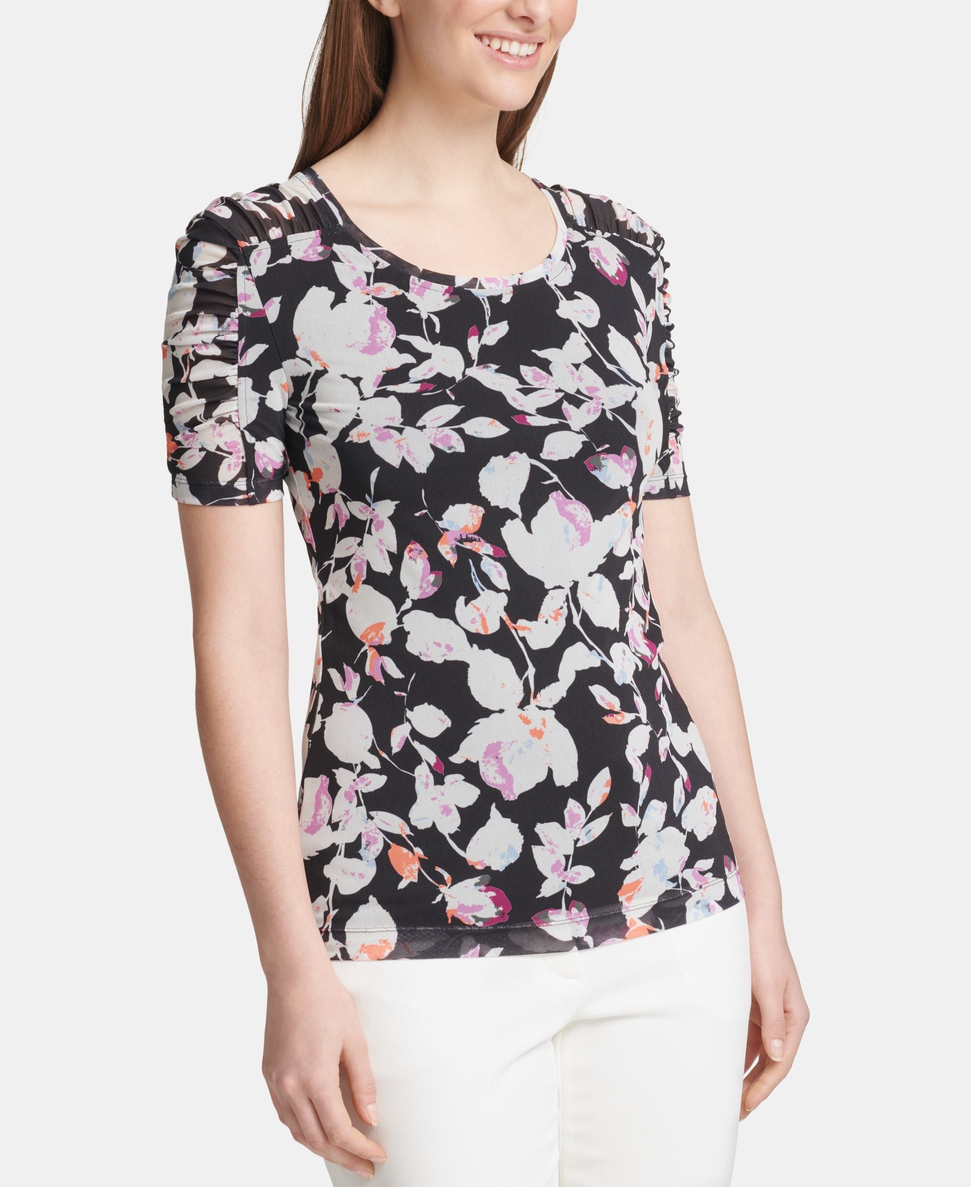 DKNY Crewneck Mesh Trim Top