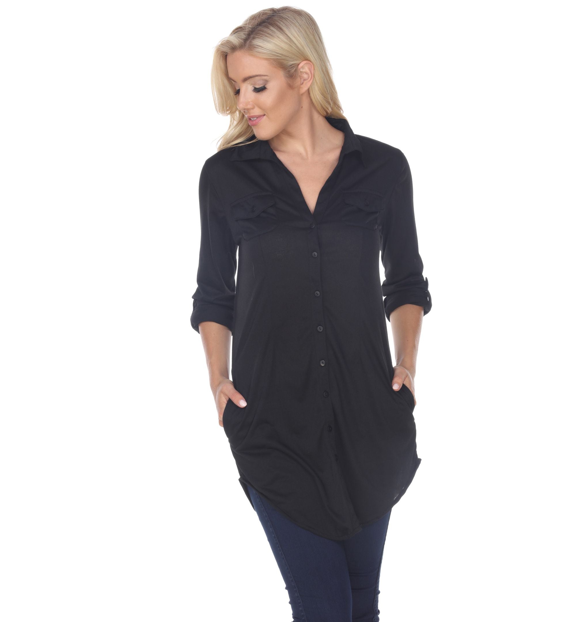 White Mark Womens Lakota Stretchy Button Down Tunic