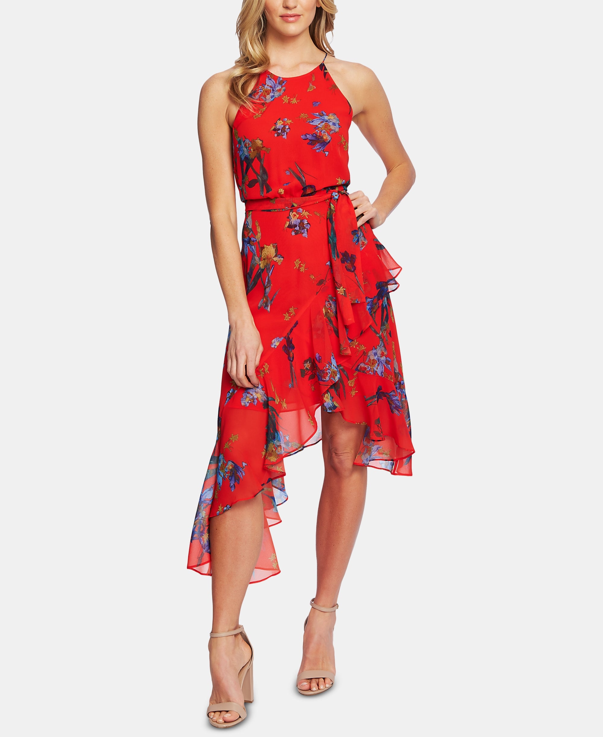 Asymmetric-Ruffle Printed Halter Dress