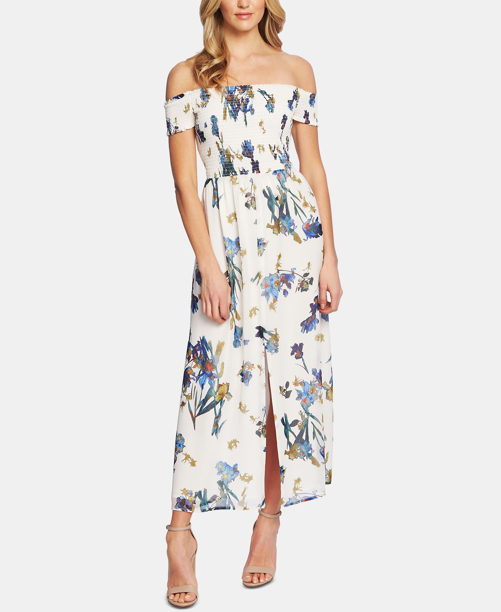 Off-The-Shoulder Watercolor Floral-Print Dress