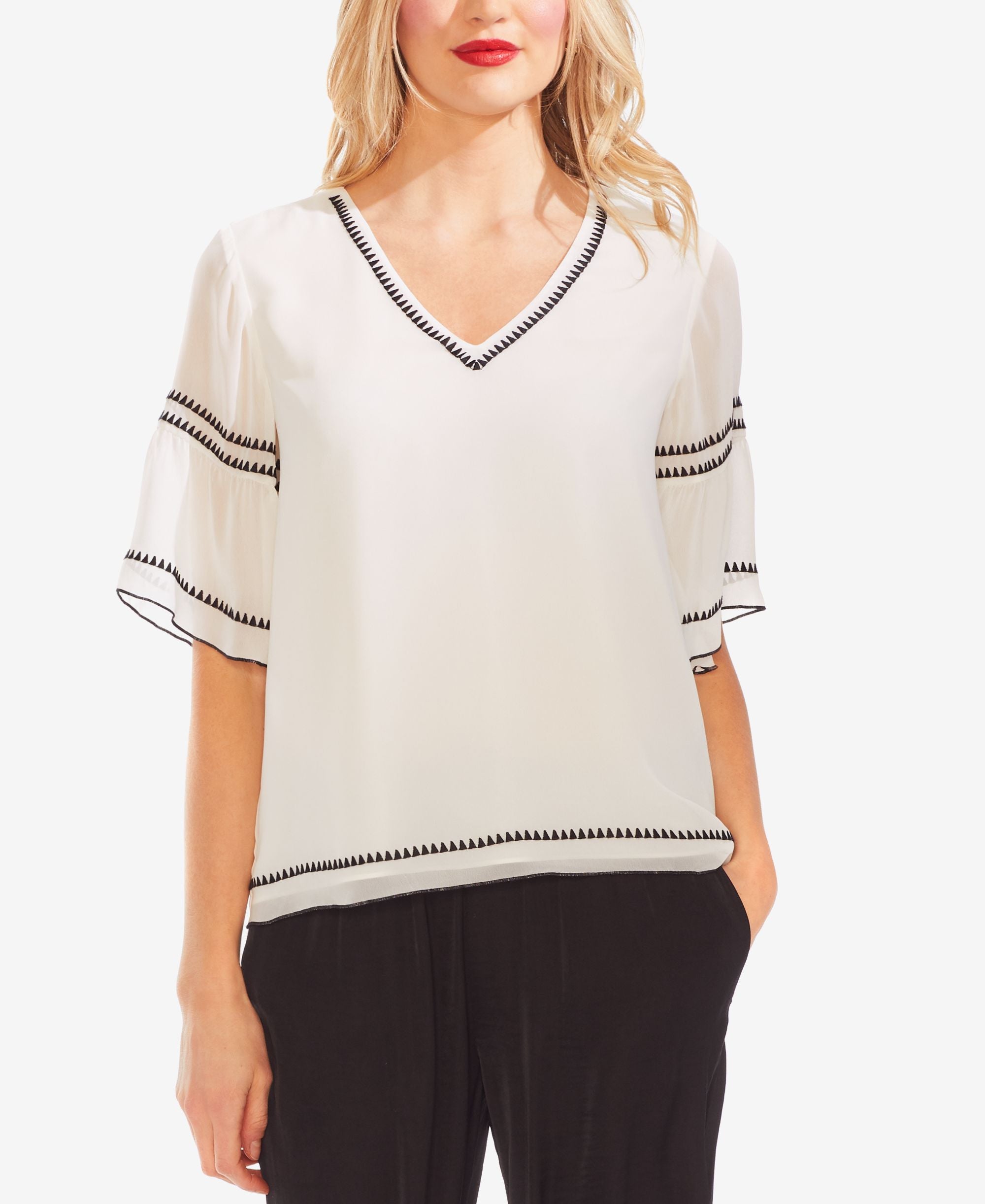 Vince Camuto V Neck Embroidered Top