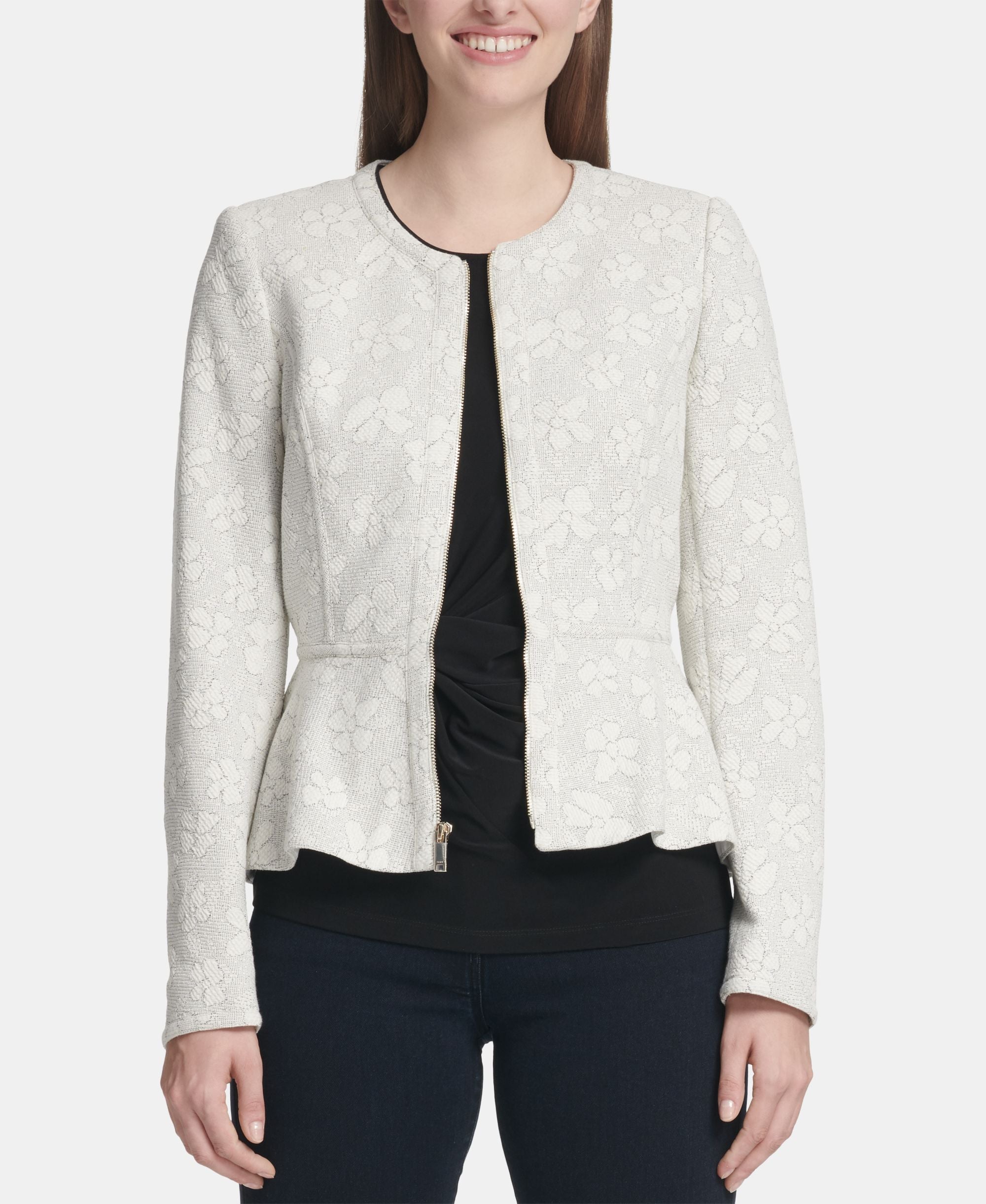 DKNY Floral Print Zip Up Peplum Jacket