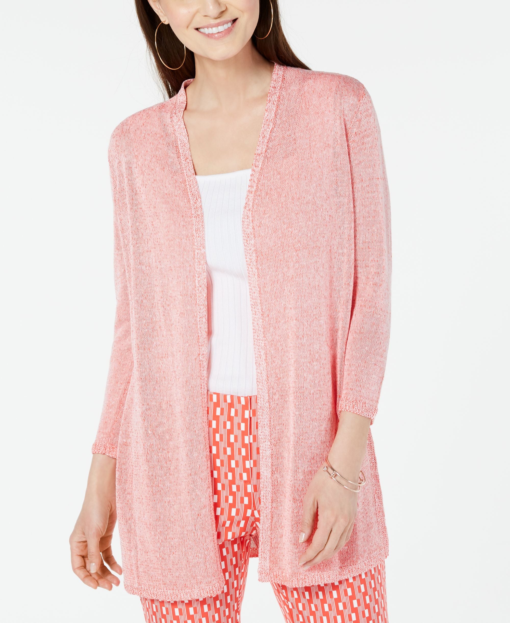 Alfani Womens Linen Blend Two Tone Cardigan Sweater L coral branch