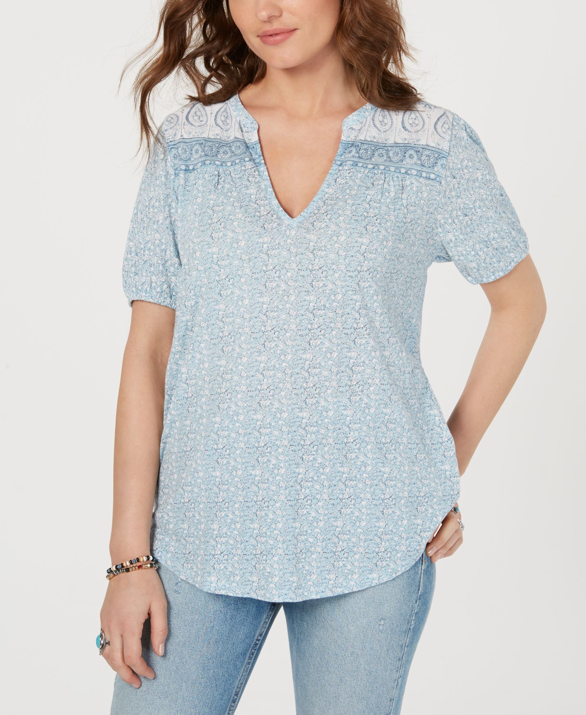 Border-Print Peasant Top