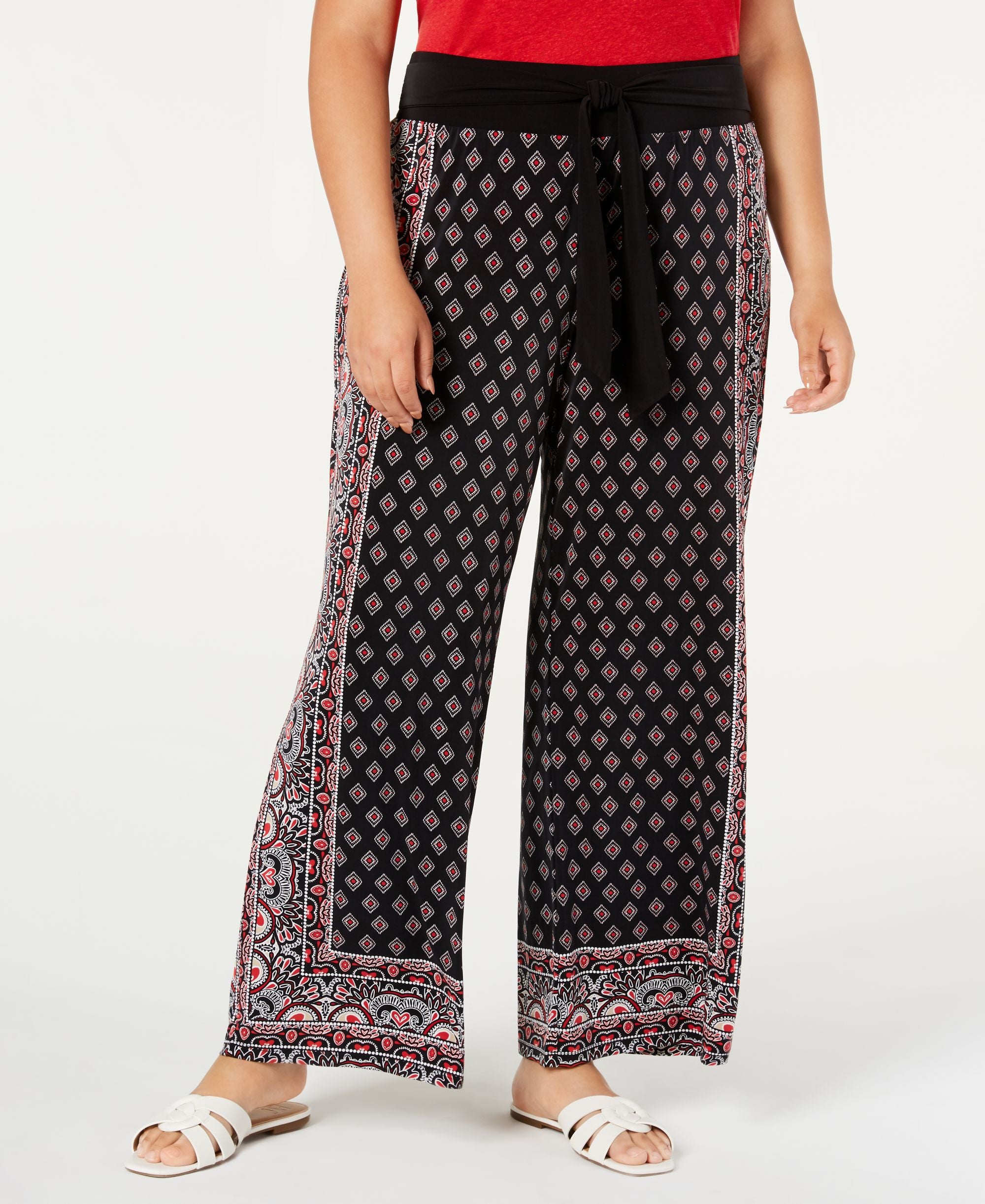 Plus Size Border Print Tie Waist Pants