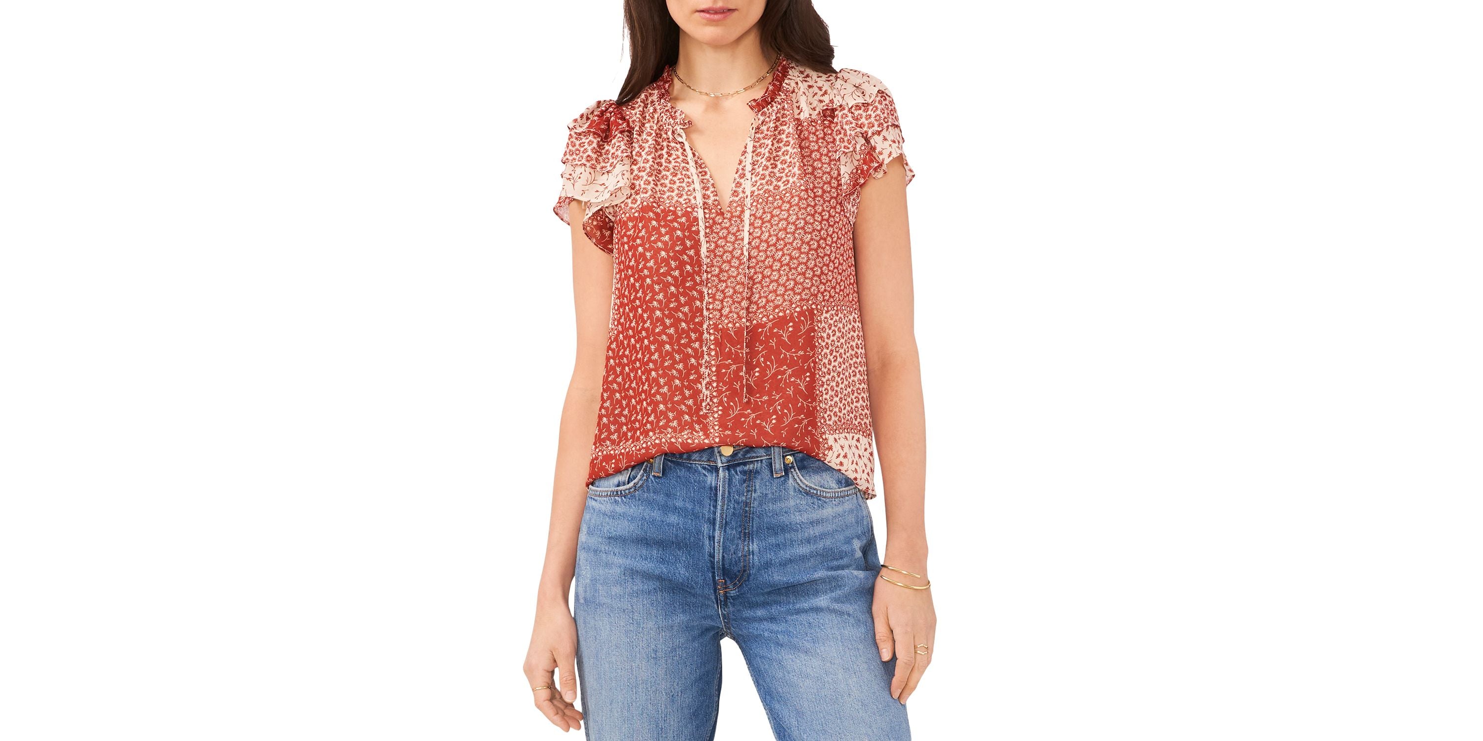 Women's Printed Tie-Neck Flutter-Sleeve Top