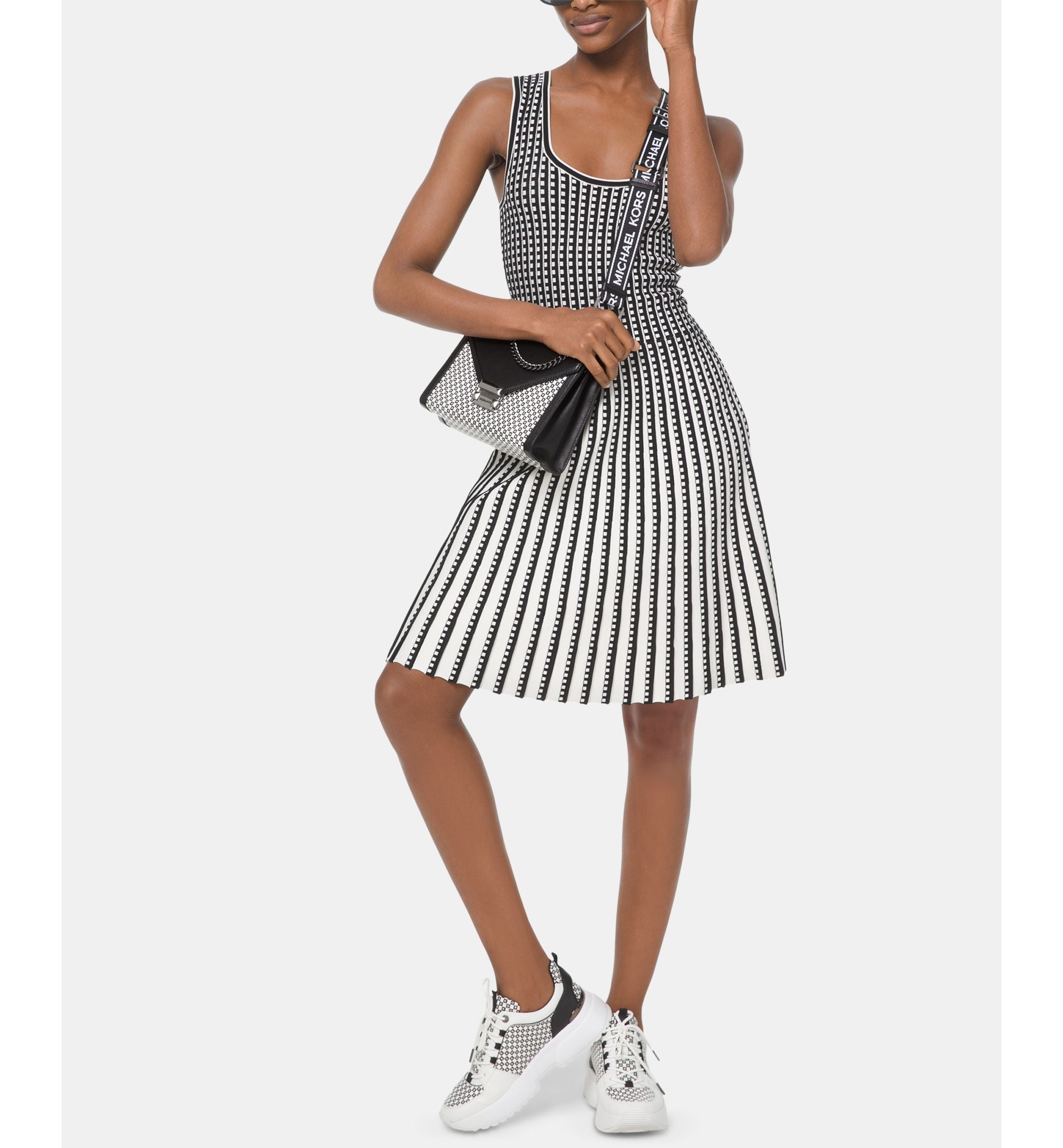 MICHAEL KORS Womens White Printed Sleeveless Scoop Neck Above The Knee Fit + Flare Dress