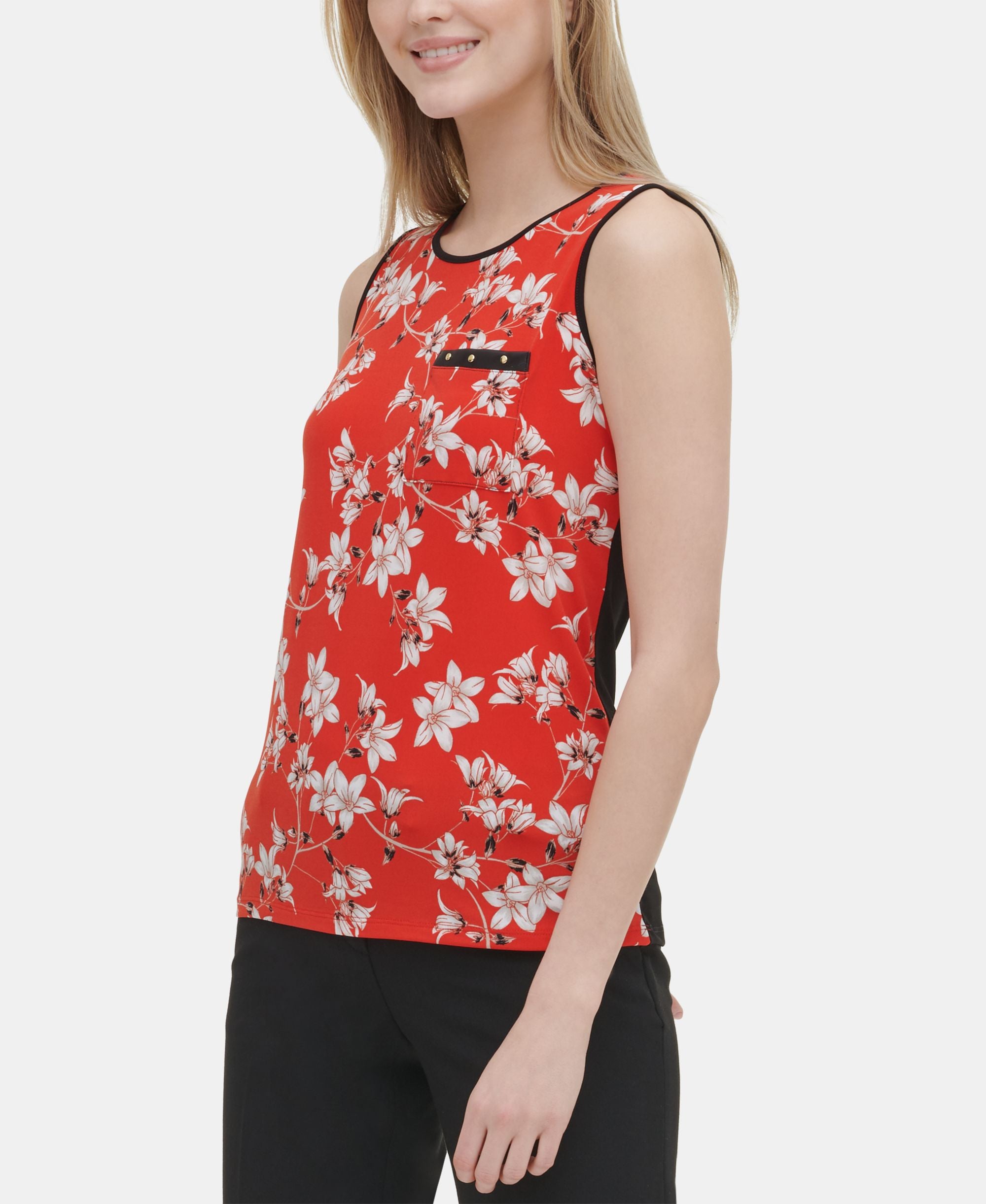 Calvin Klein Floral Print Studded Pocket Top
