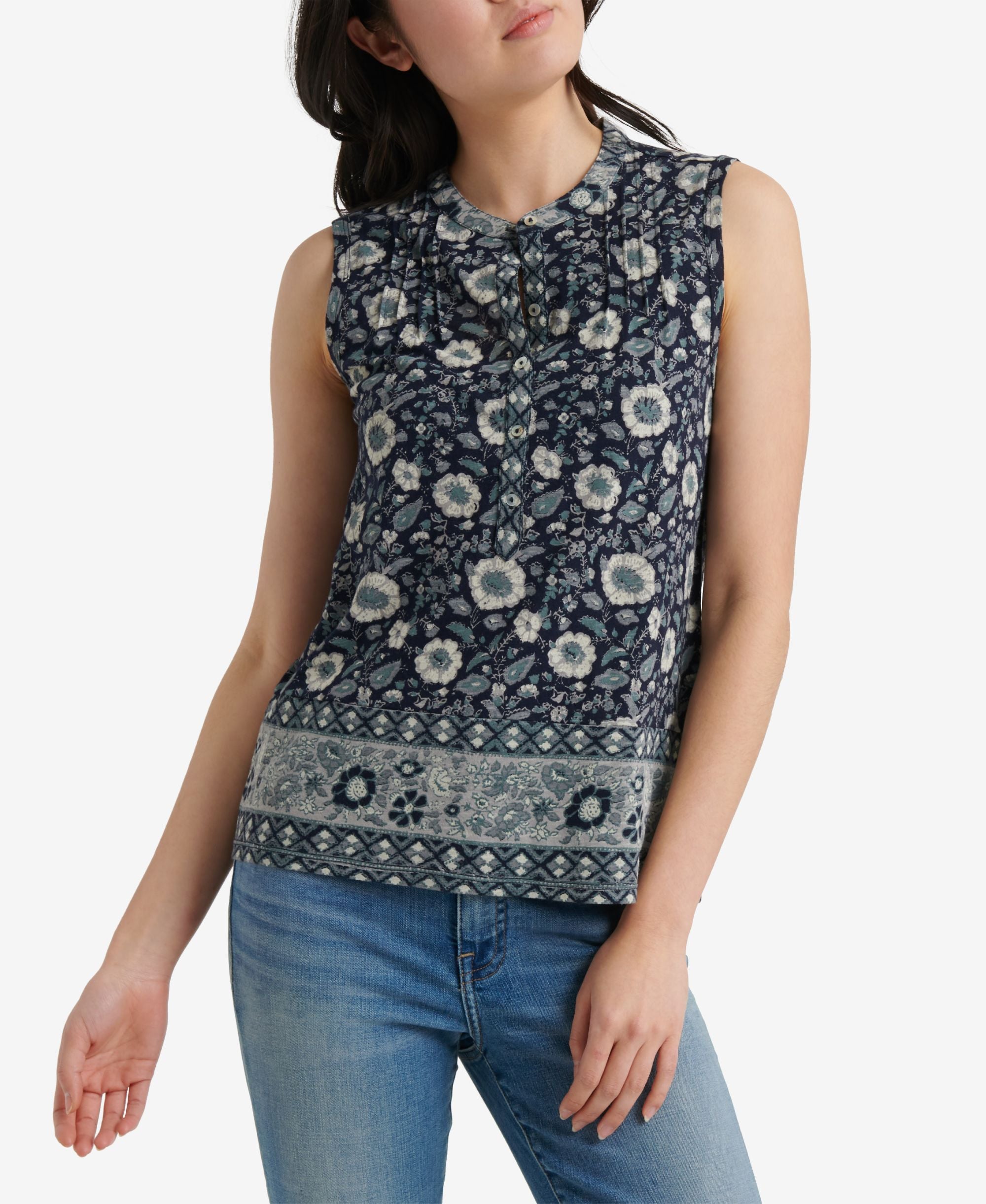 Lucky Brand Border Print Pintucked Henley Top