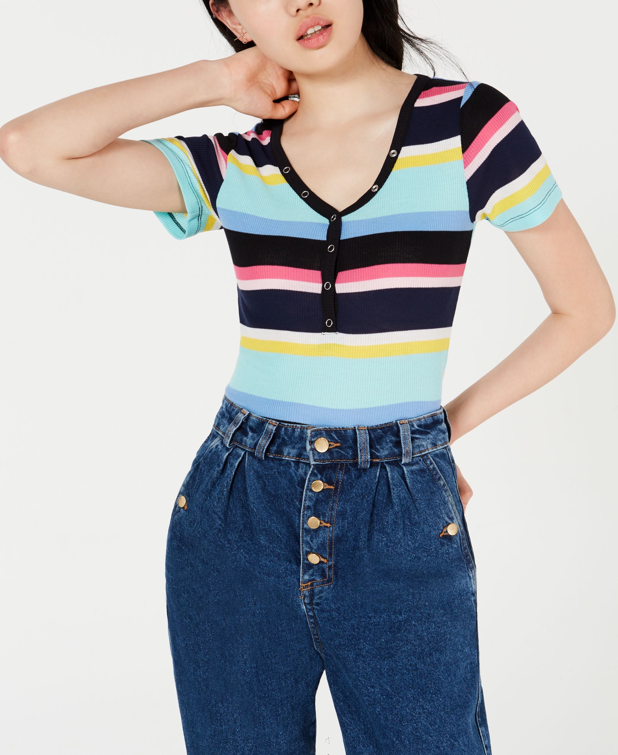 Juniors' Striped V-Neck Top
