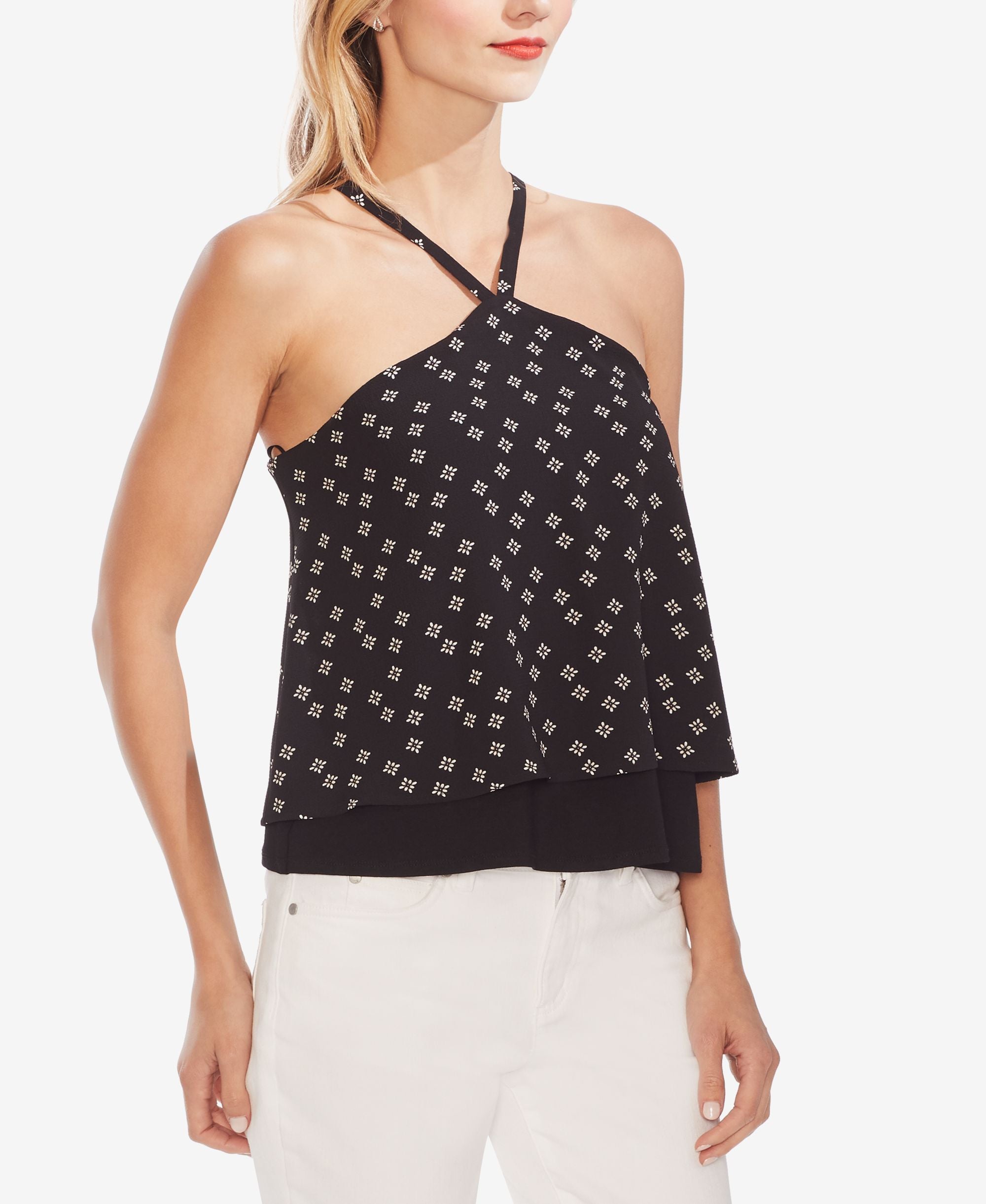 Printed Layered-Hem Halter Top