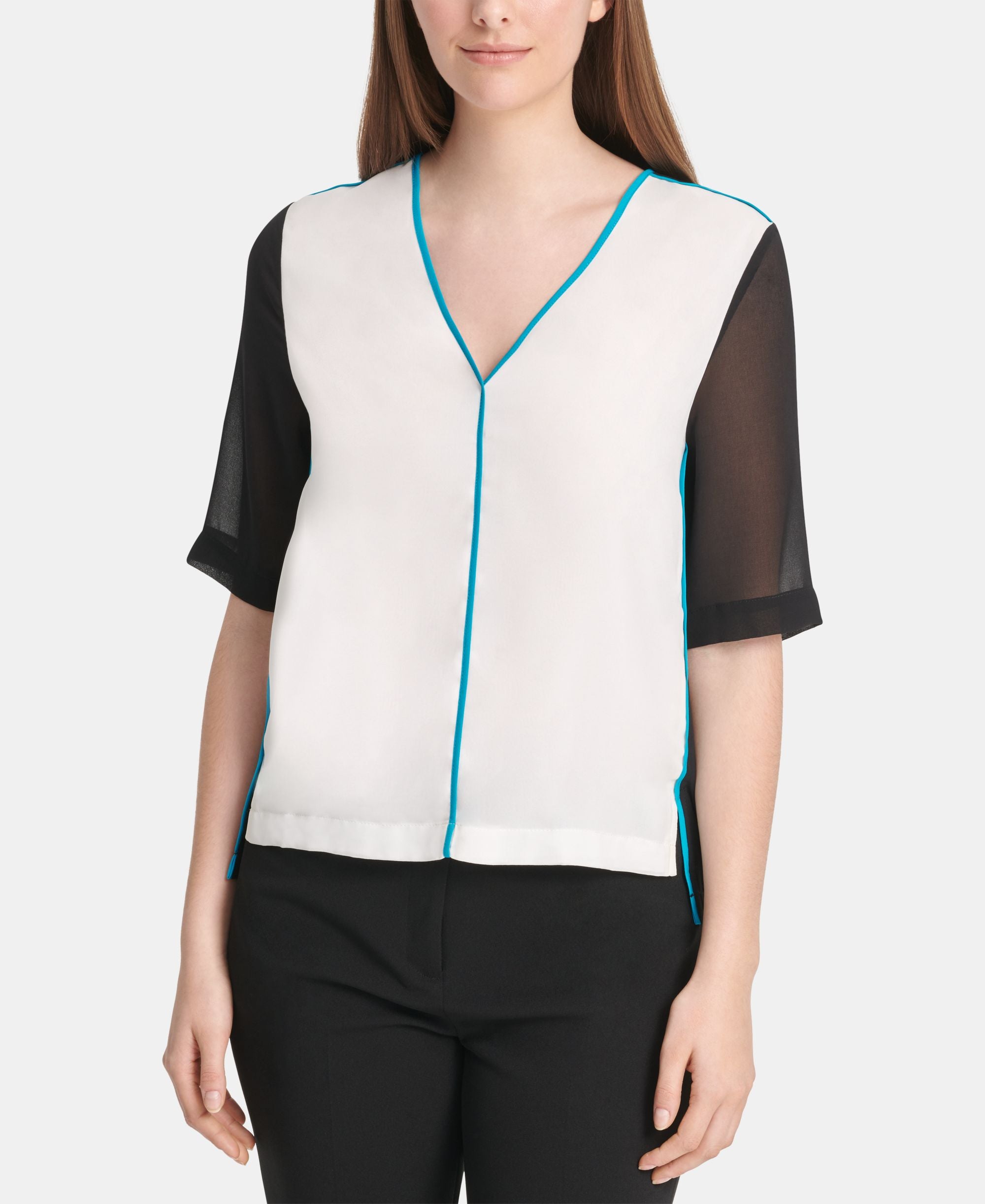 DKNY Colorblocked Sheer Sleeve Top