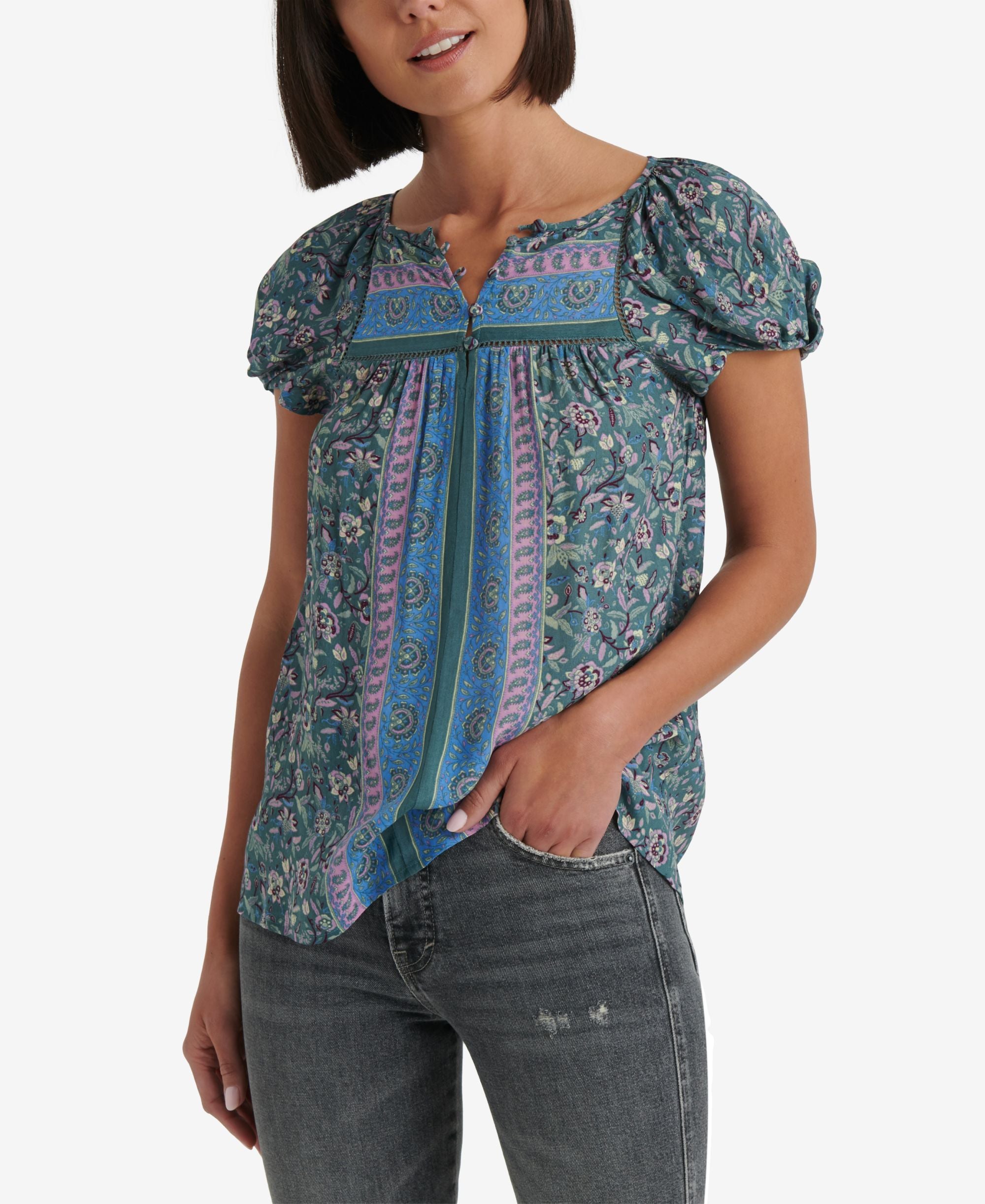 Mixed-Print Peasant Top