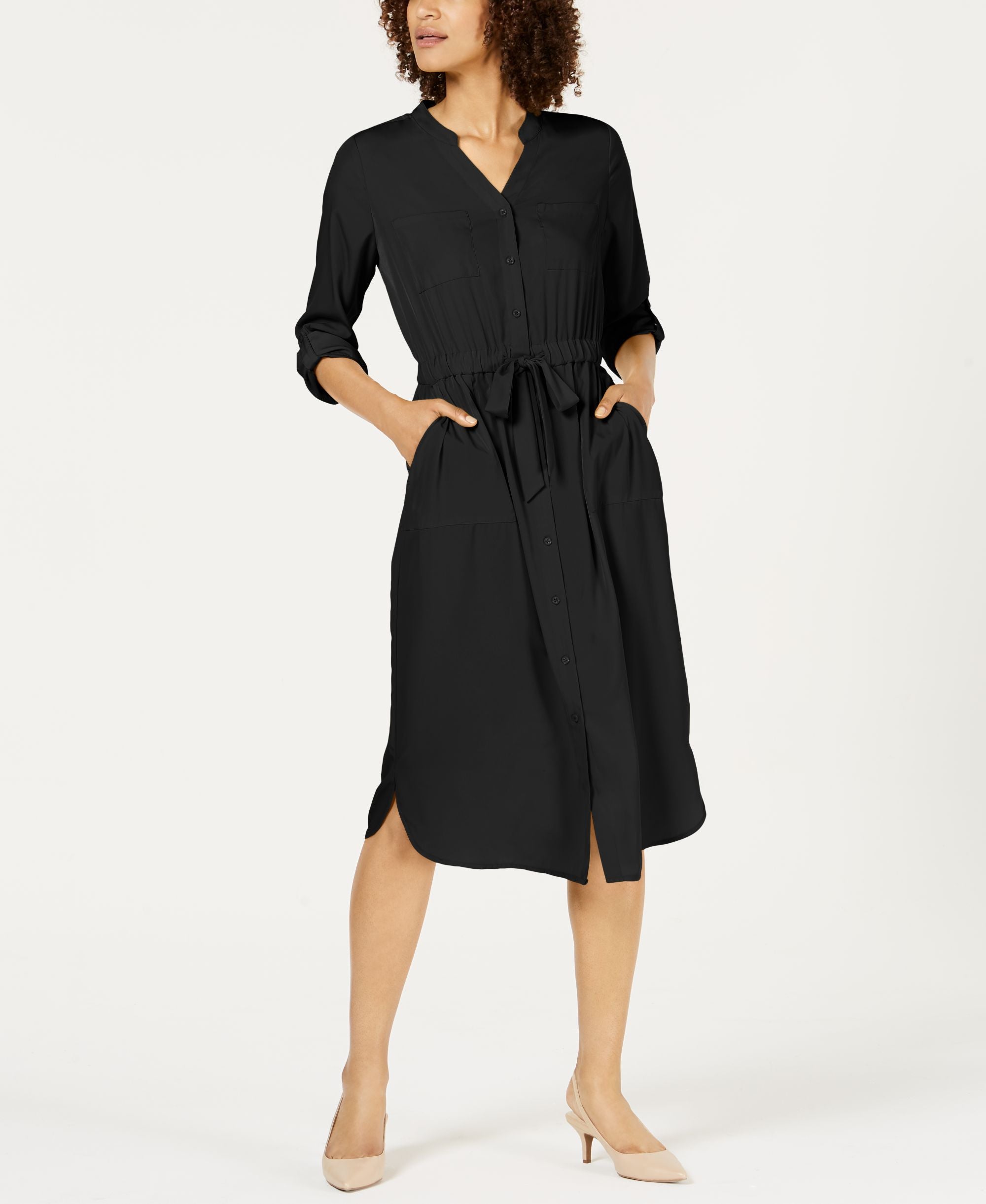 Petite 3/4-Sleeve Belted Shirtdress