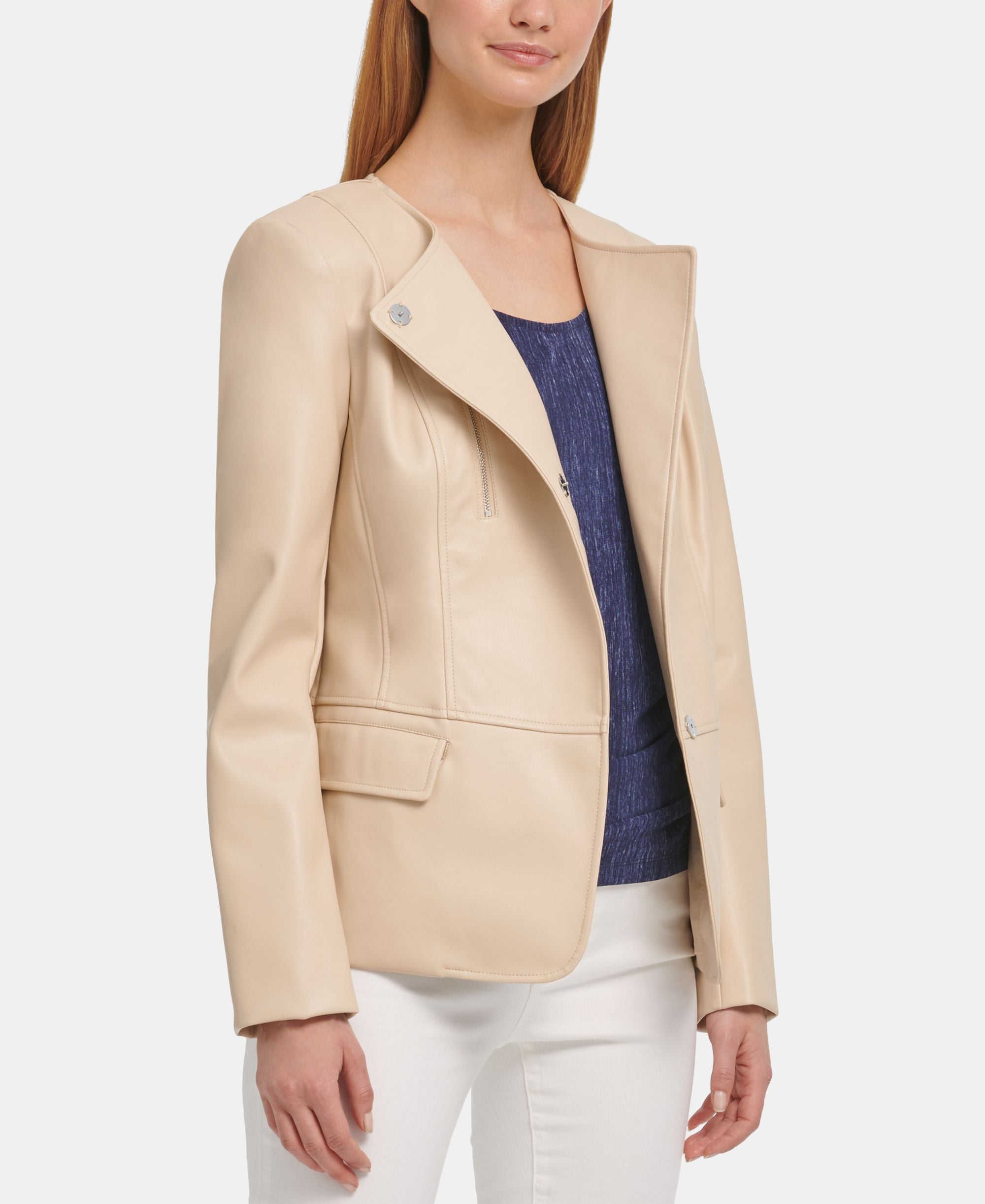 Faux-Leather Collarless Blazer