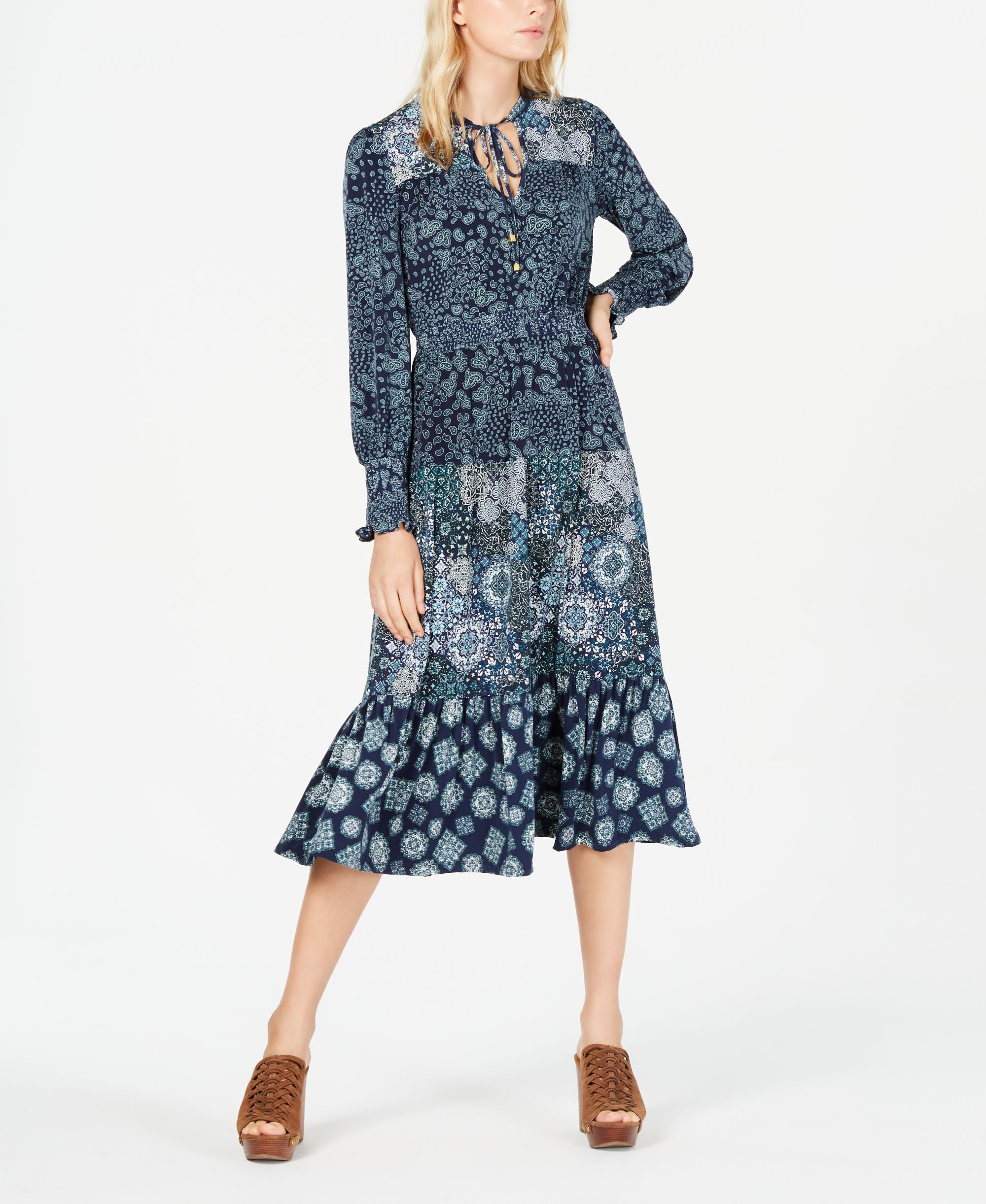 Michael Kors Multi-Print Peasant Dress (True Navy/Sea Green, XL)