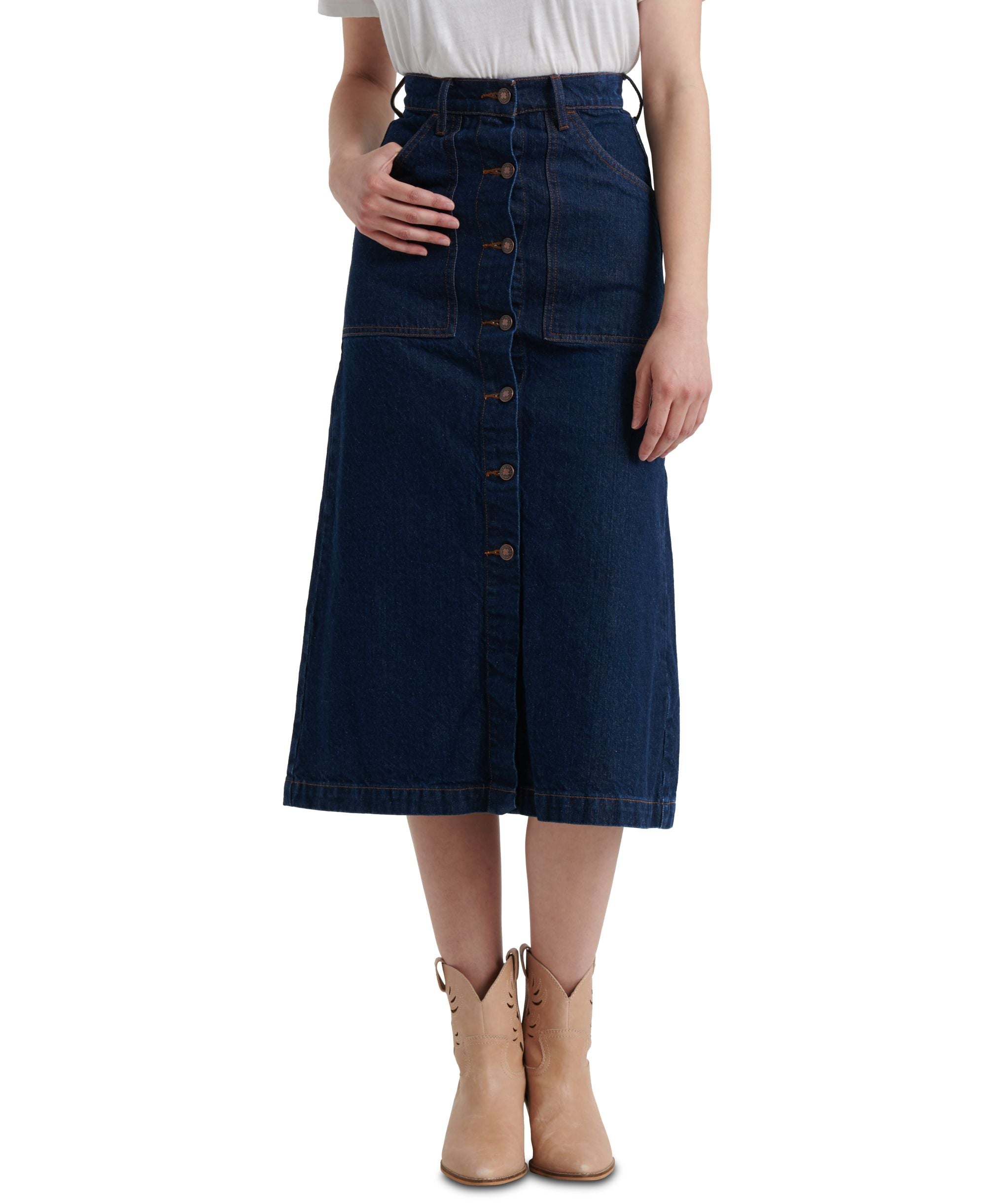Lucky Brand High Rise Button Up Midi Jean Skirt