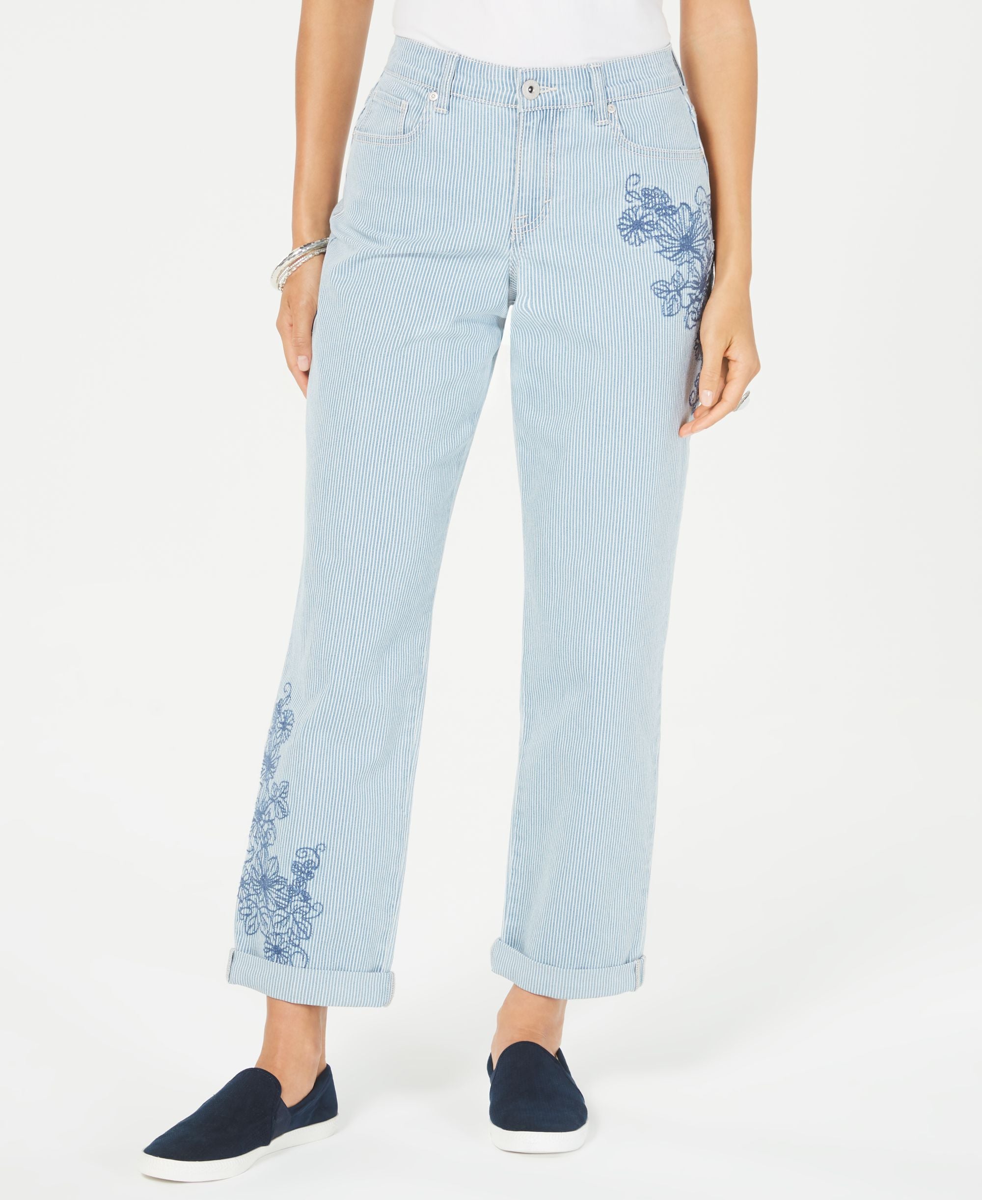 Style & Co Striped Embroidered Curvy Fit Boyfriend Jeans