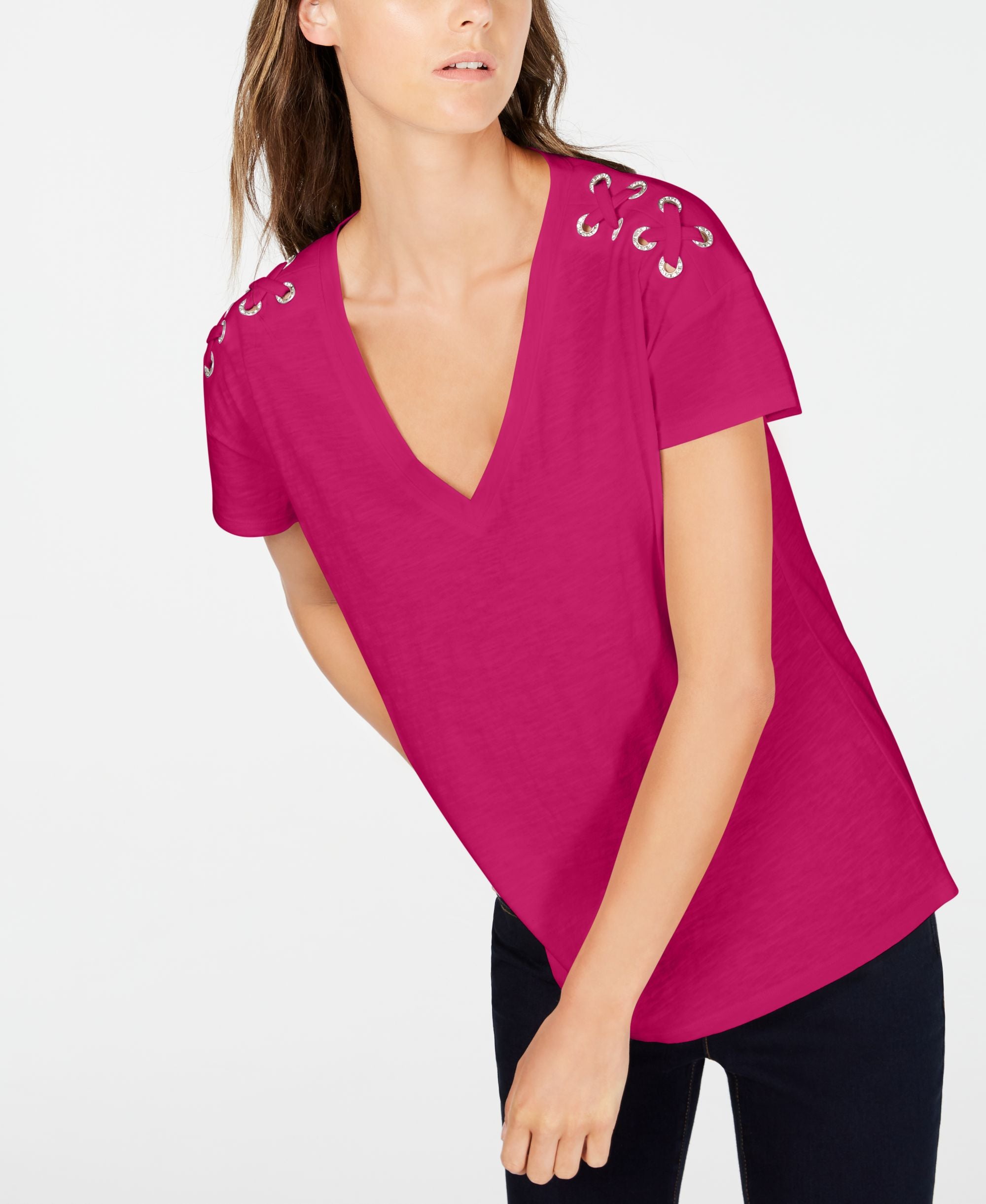 INC Petite Cotton Crisscross-Trim Grommeted Top
