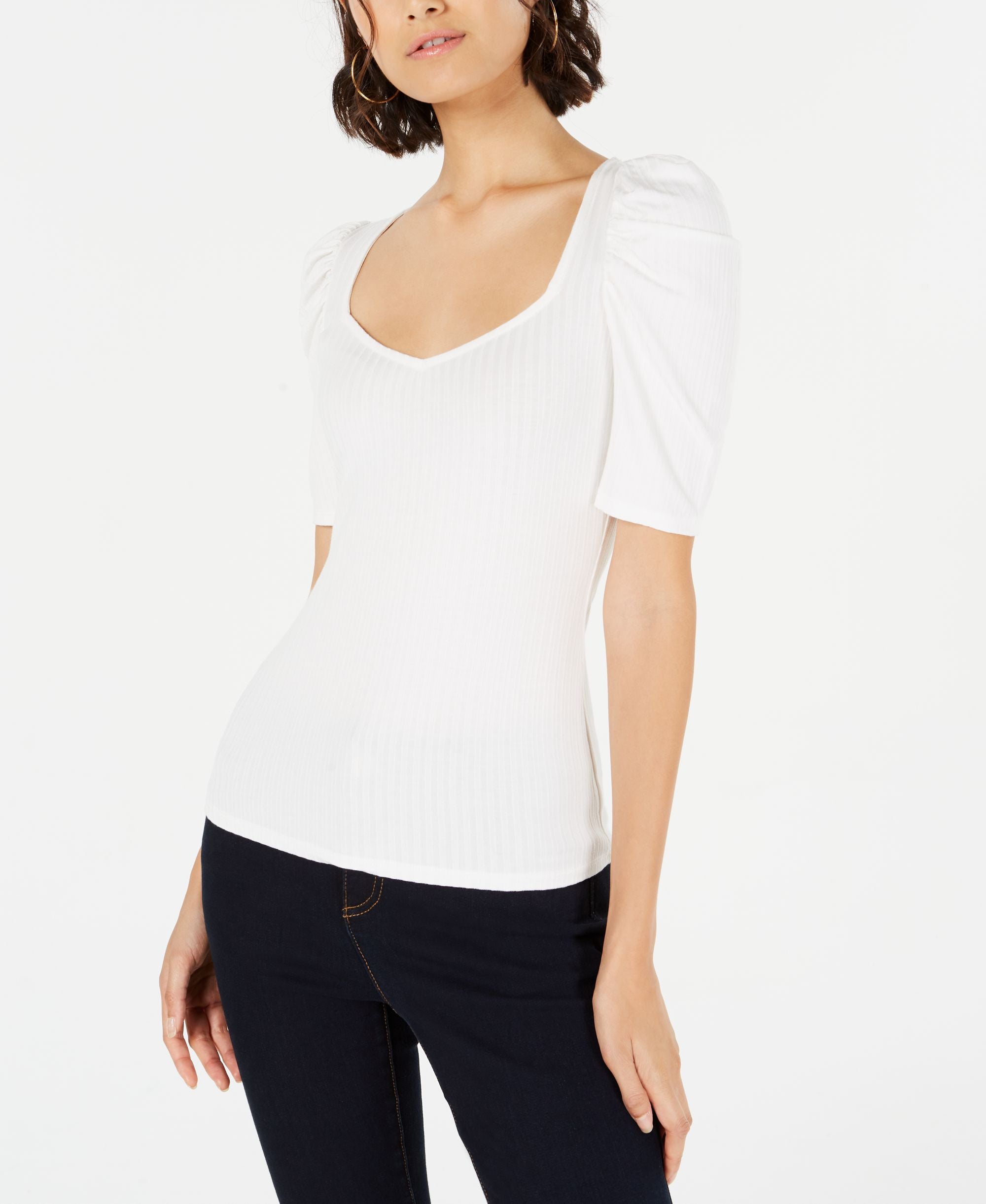 Ribbed Puffed-Sleeve Top