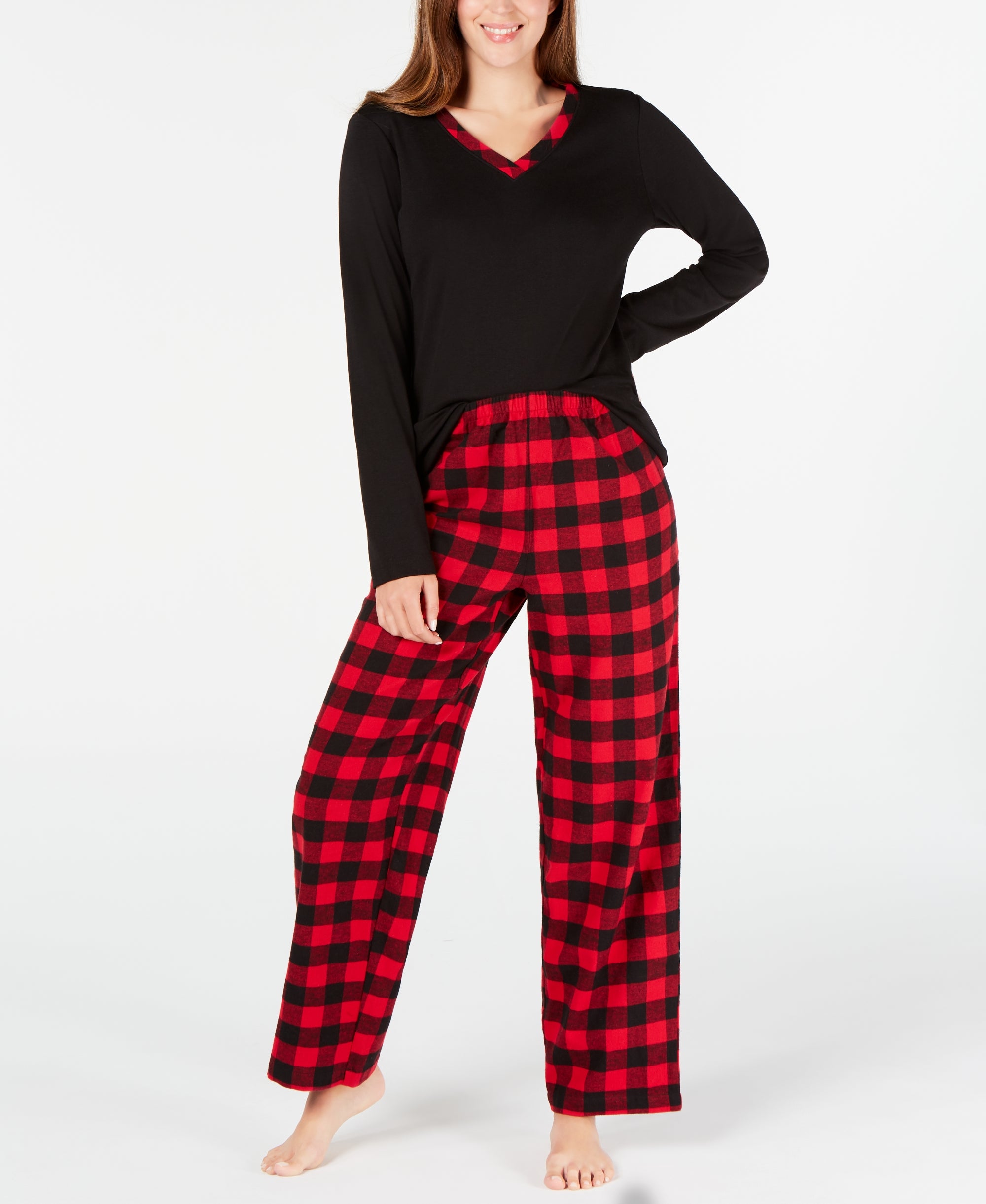 Women's Petite Plaid Flannel Mix It Pajamas Set