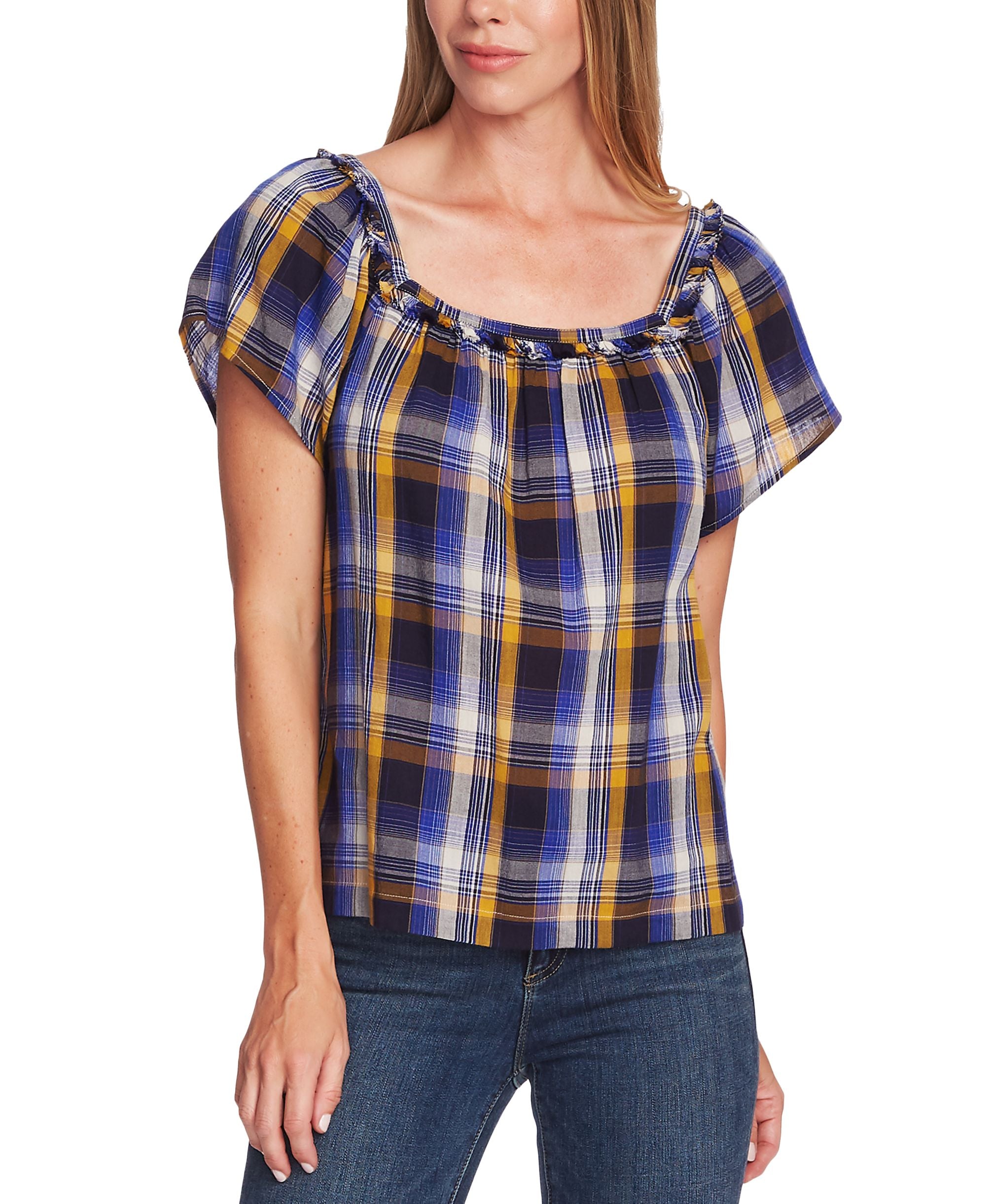 Vince Camuto Sunset Plaid Square Neck Blouse