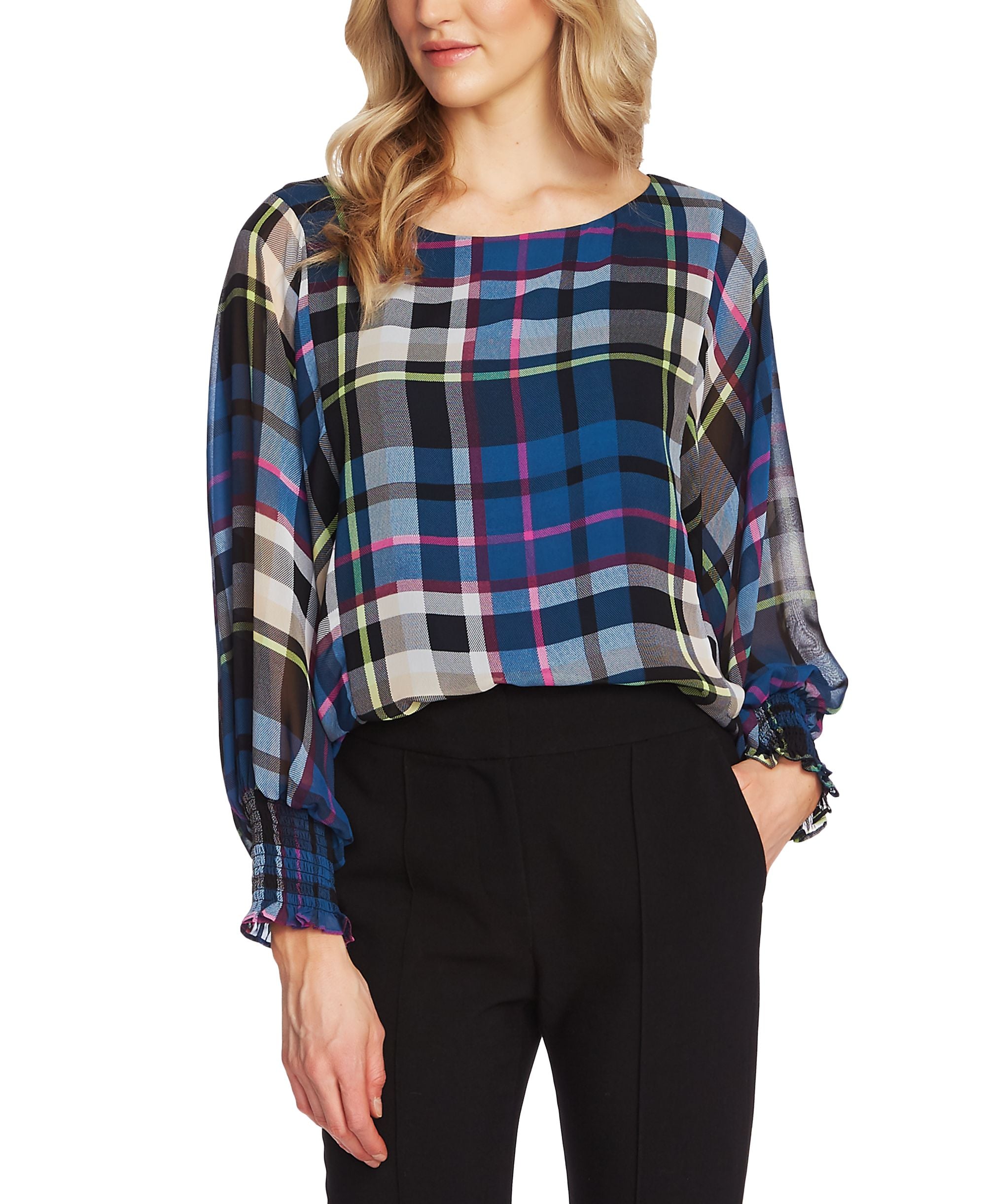 Vince Camuto Plaid Print Blouson Top