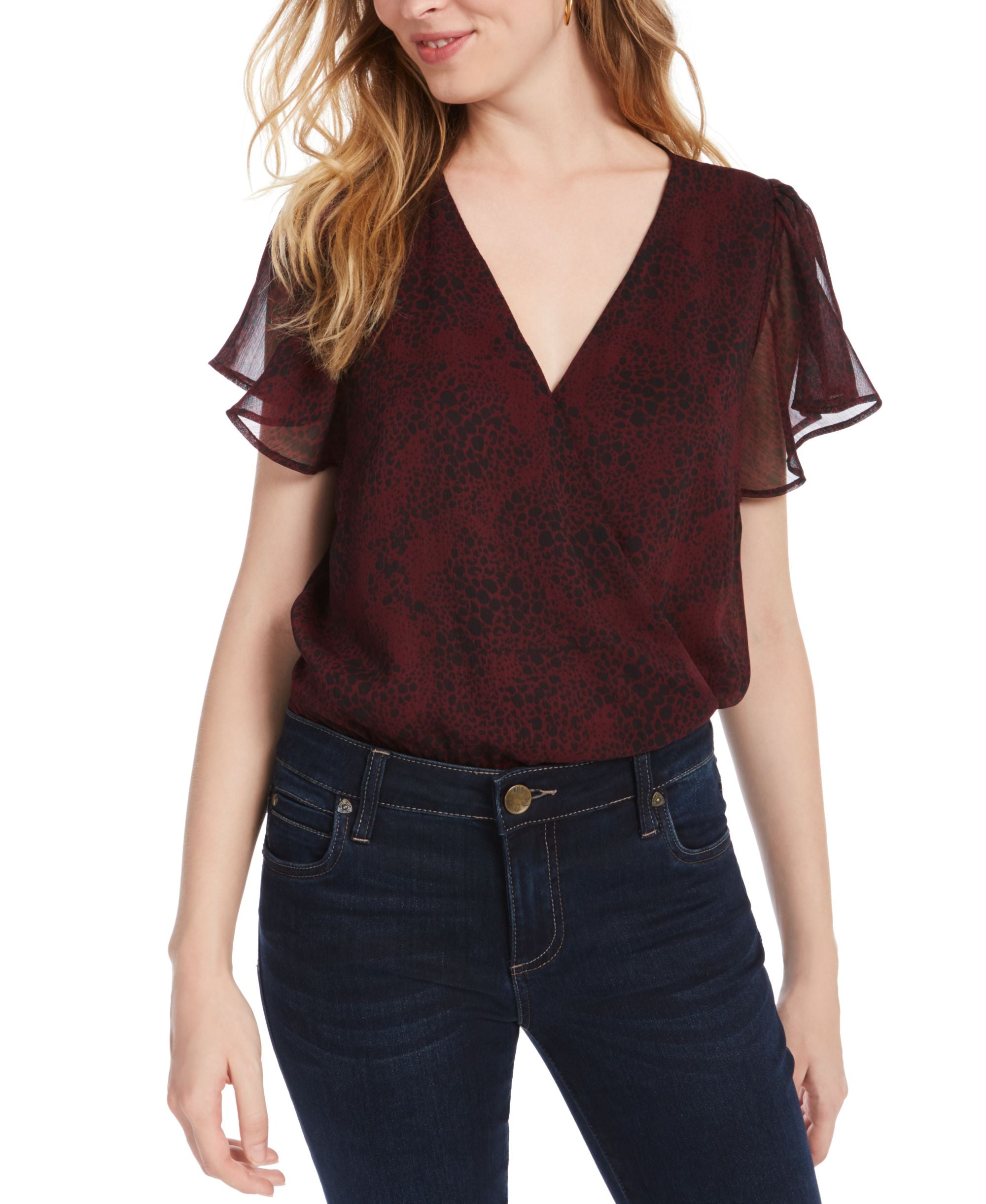 Printed Flutter-Sleeve Bodysuit