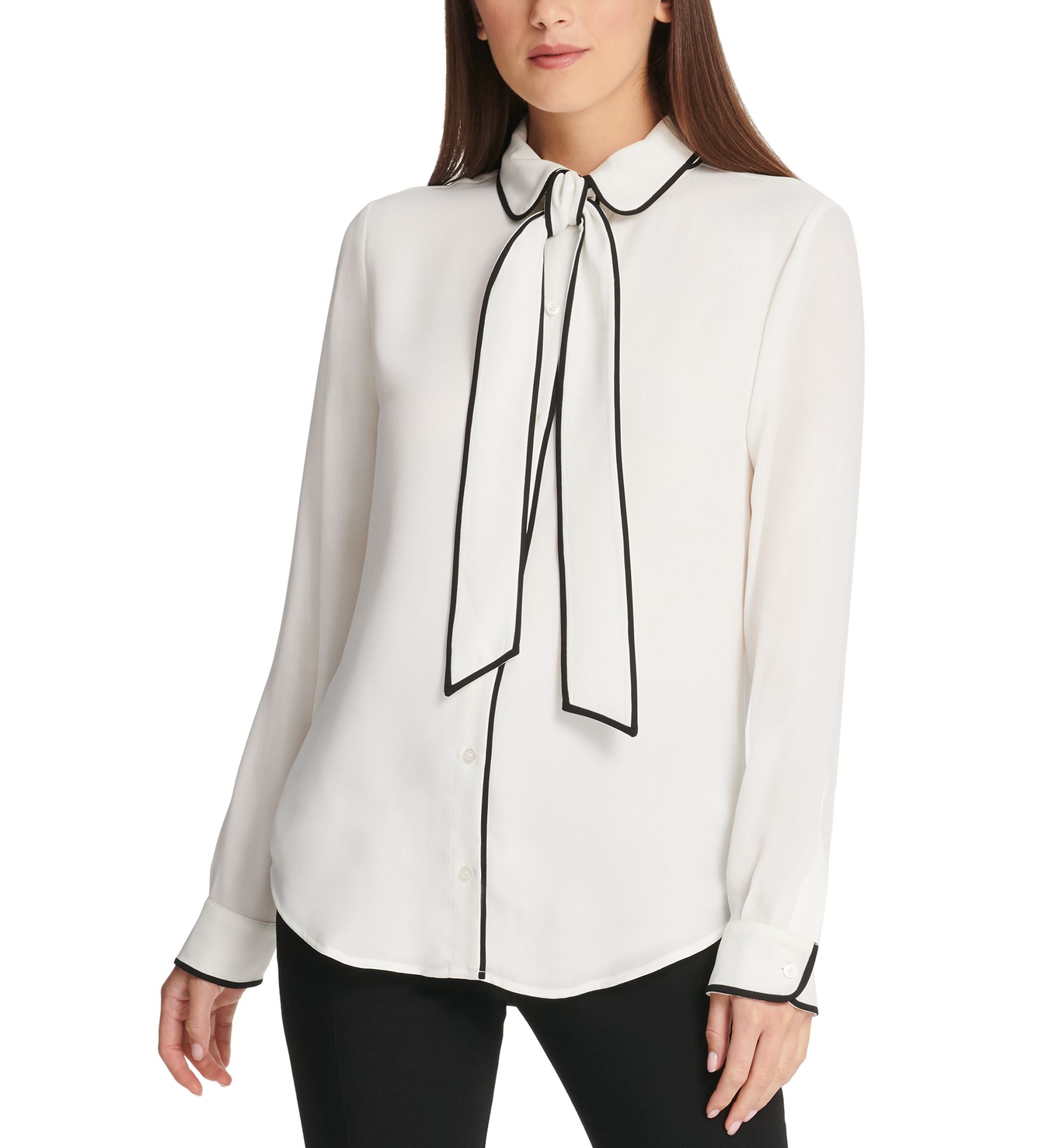 Petite Piped-Trim Button-Up Blouse