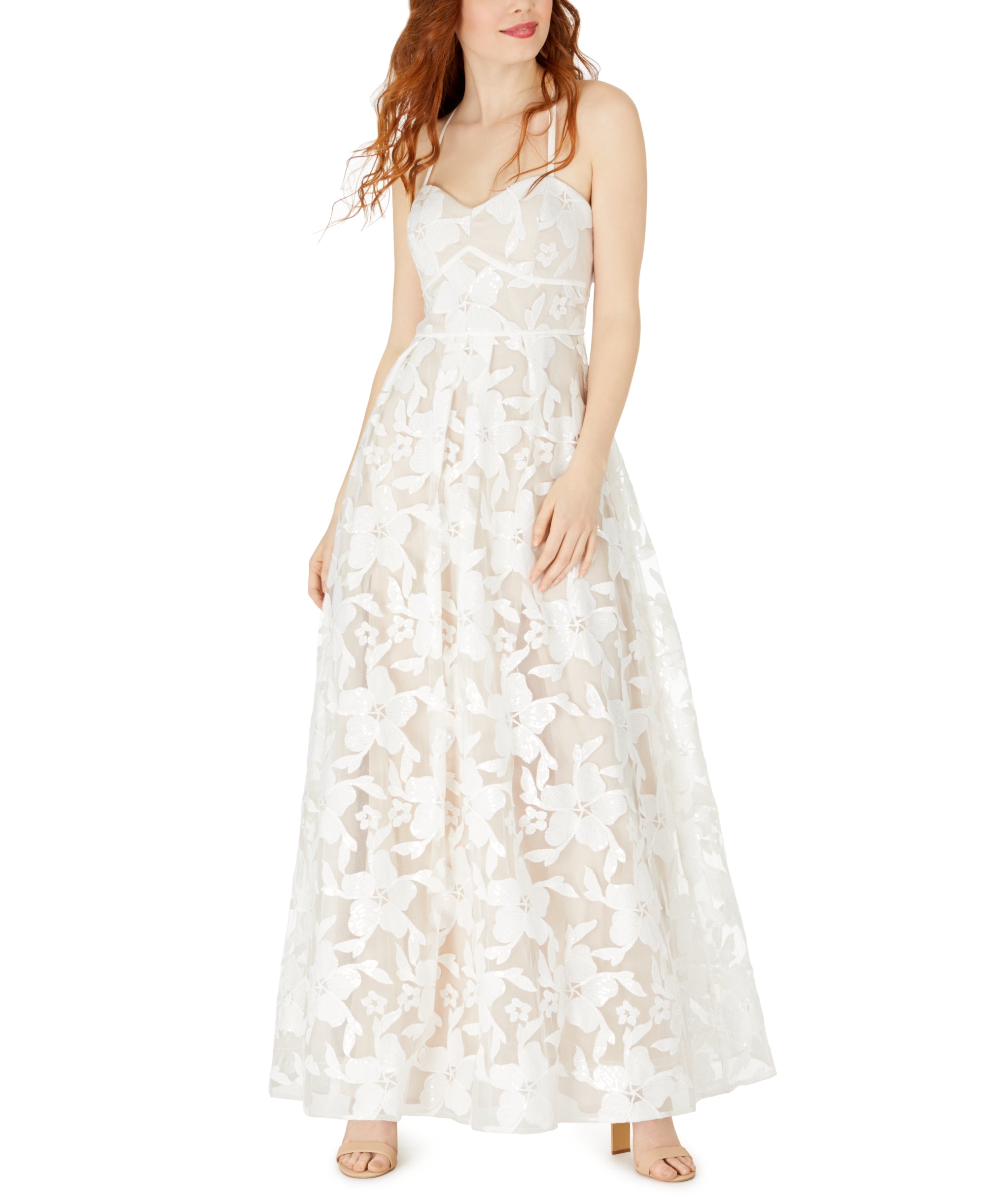 Juniors' Embroidered Floral Bustier Gown