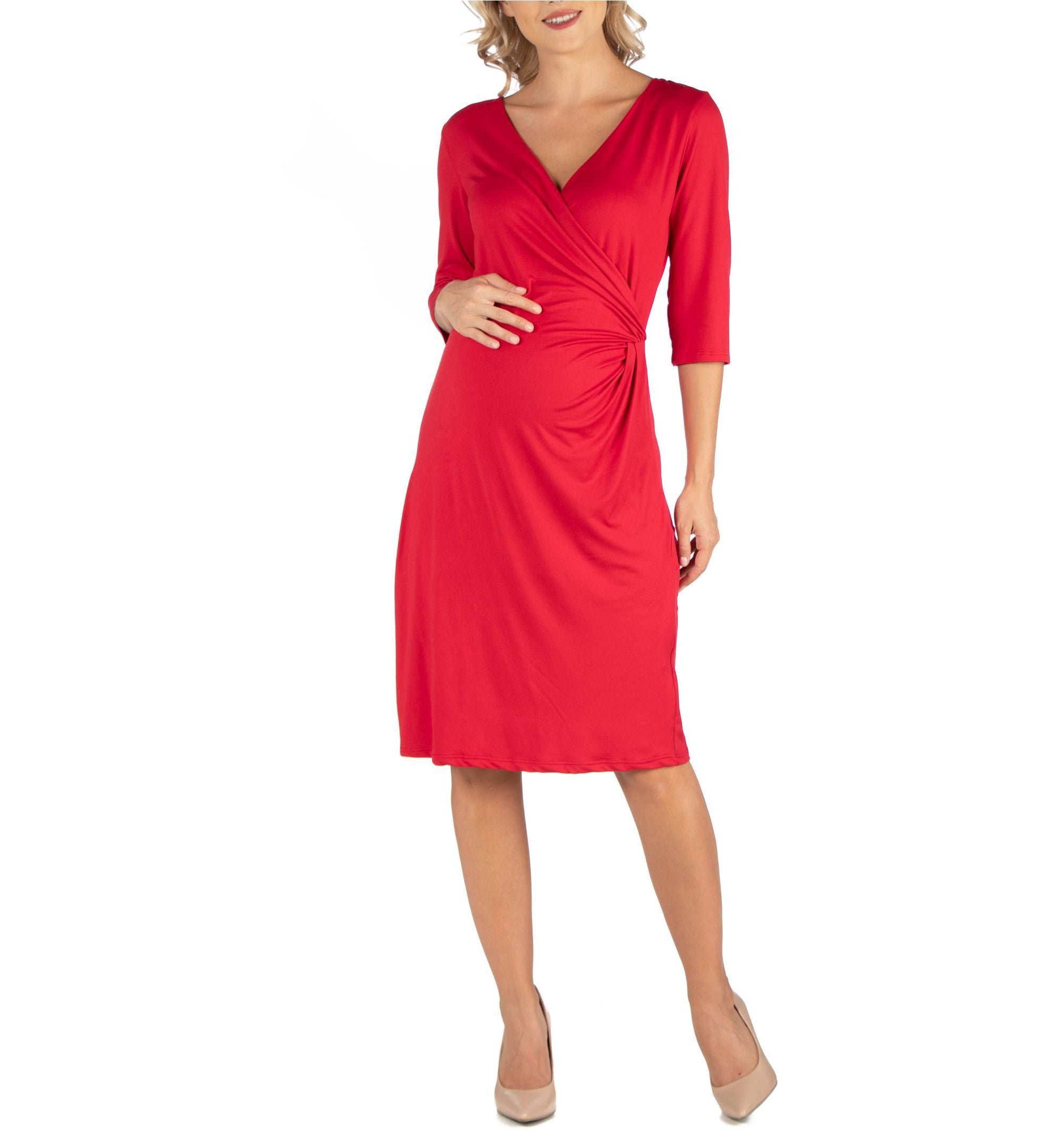 24seven Comfort Apparel Three Quarter Sleeve Knee Length Maternity Wrap Dress