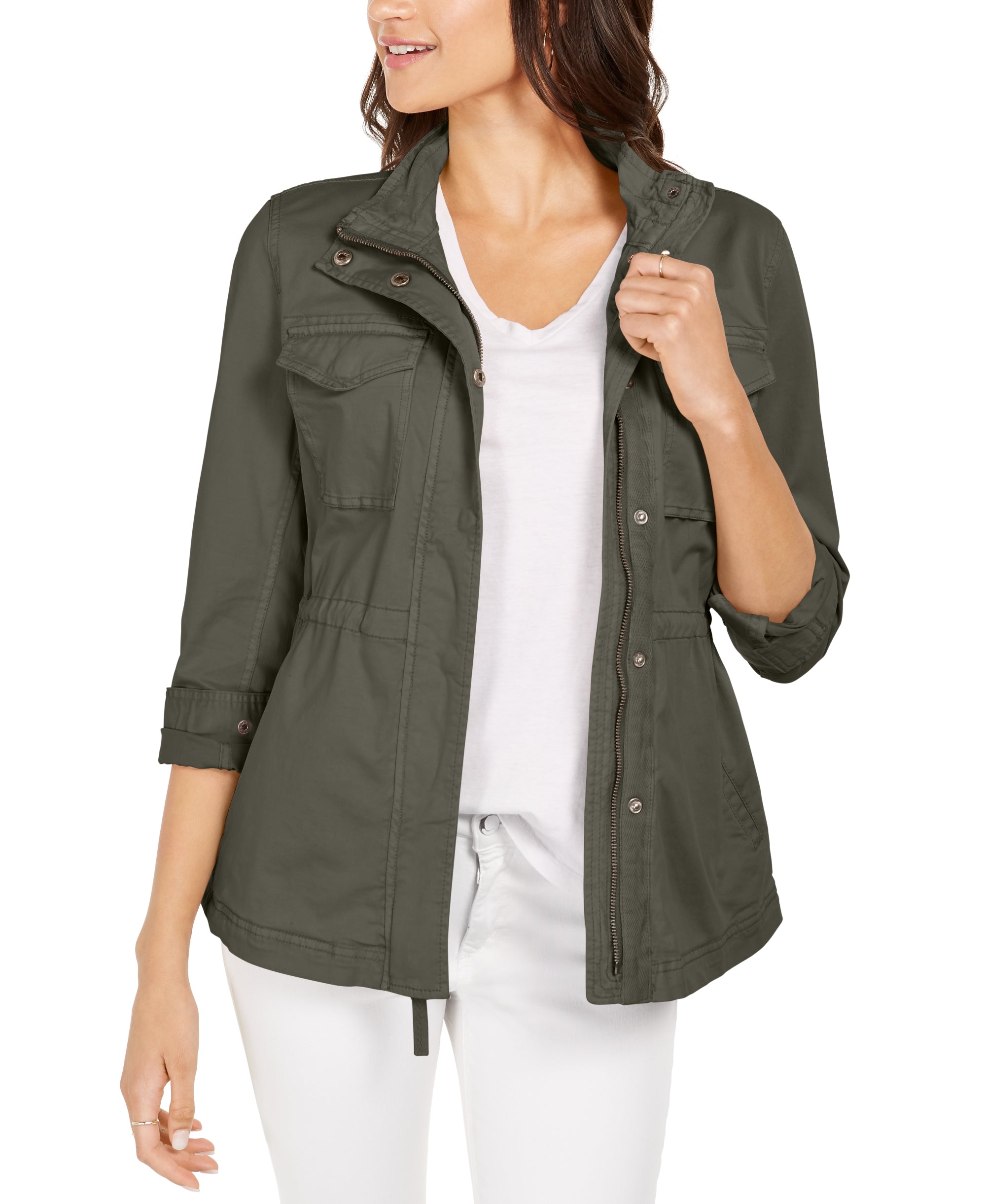 Petite Zip-Up Drawstring-Waist Field Jacket Olive Drab PM