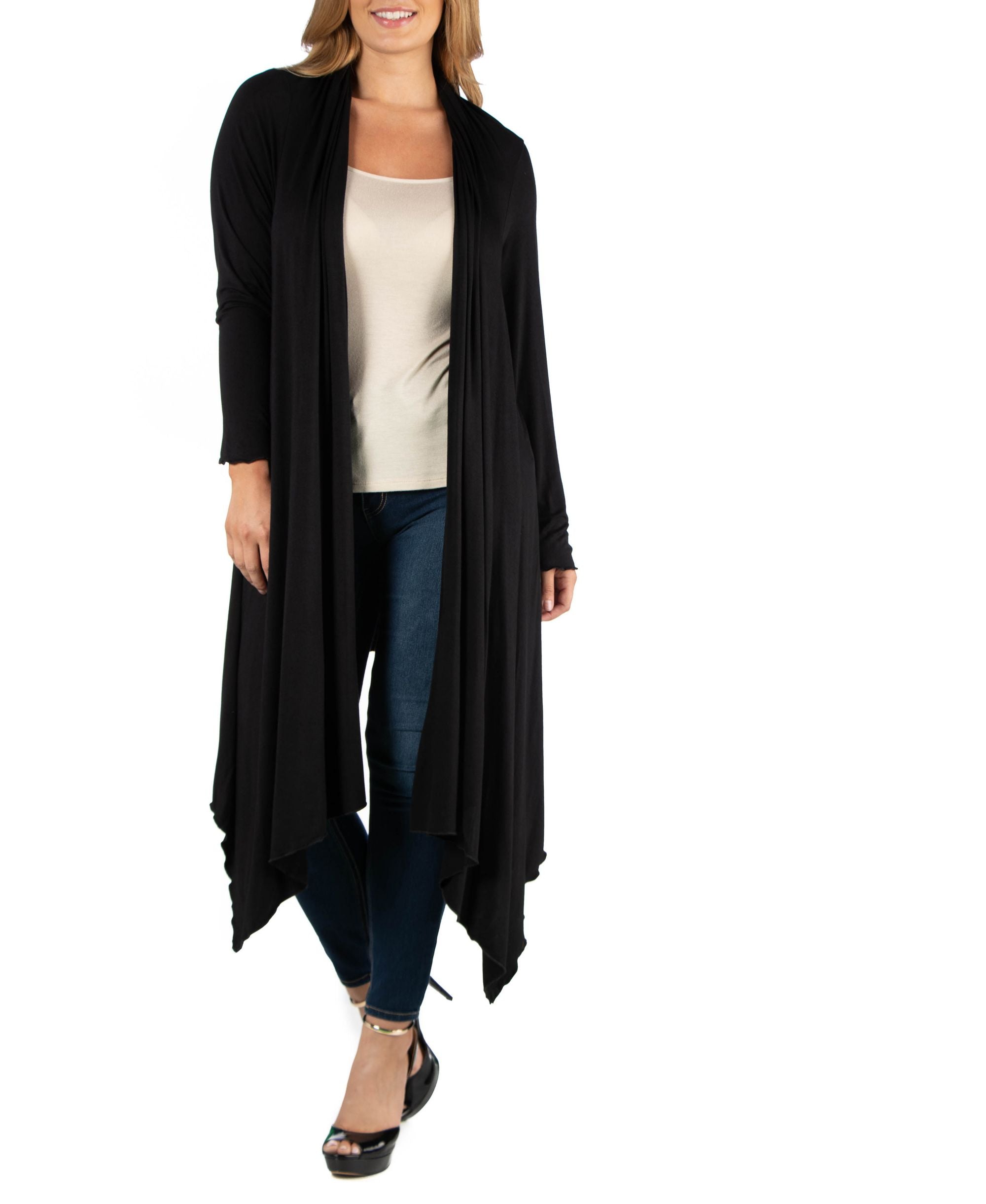 Long Sleeve Knee Length Open Plus Size Cardigan
