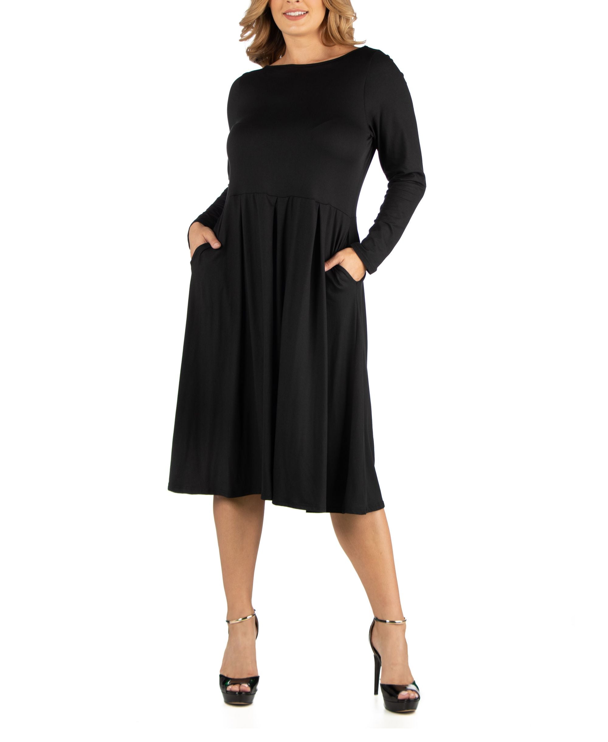 24seven Comfort Apparel Midi Length Fit N Flare Pocket Plus Size Dress