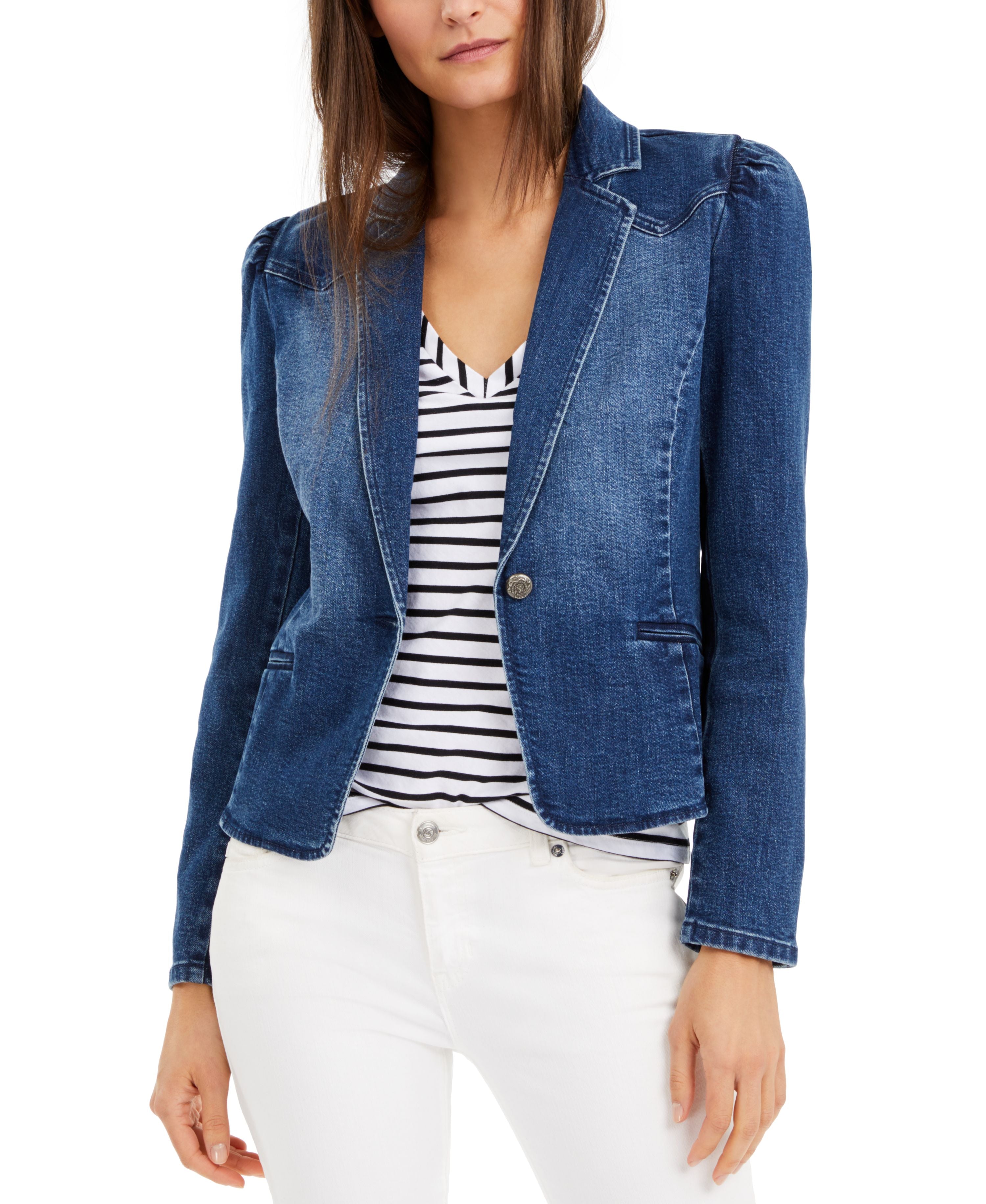 Petite Puff-Sleeve Denim Blazer
