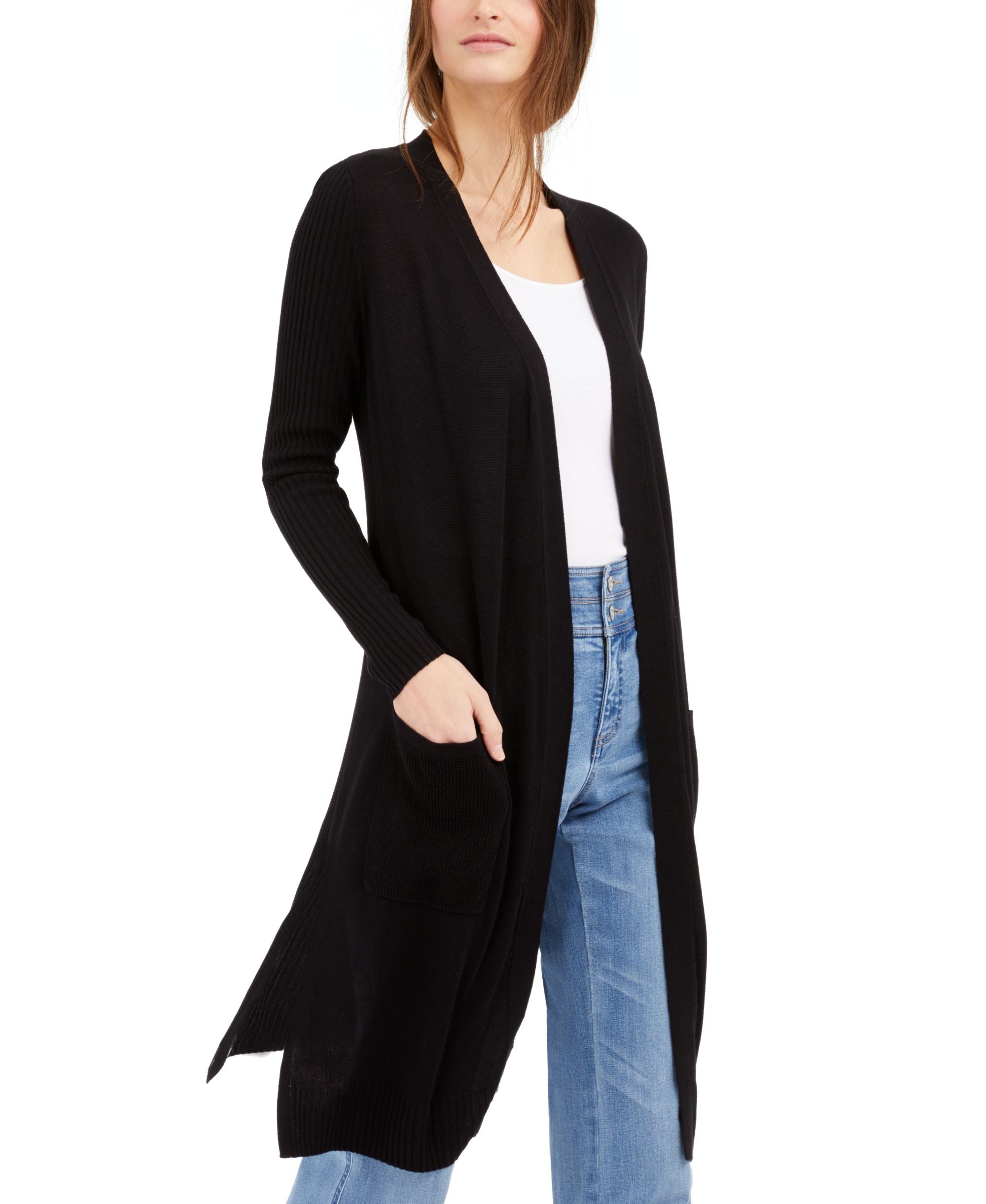 INC International Concepts Petite Ribbed Slit Hem Duster Cardigan Sweater