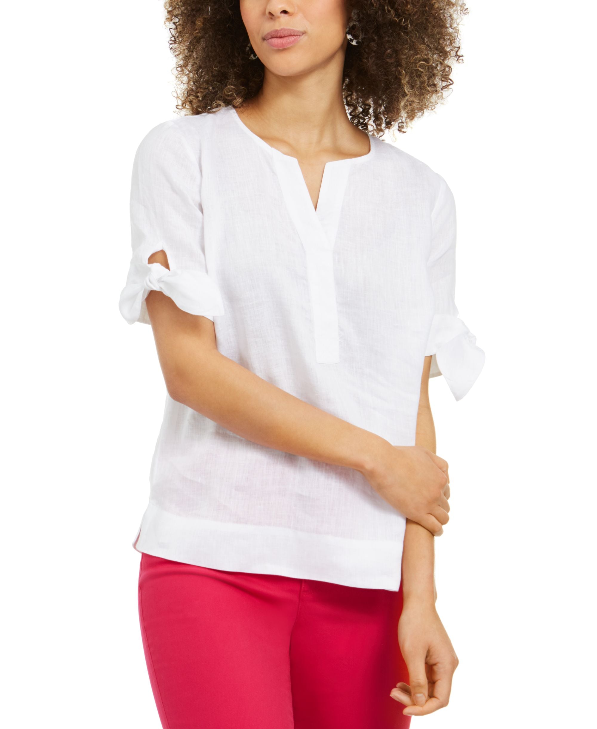 Charter Club Womens Linen Split Neck Tie Cuff Top