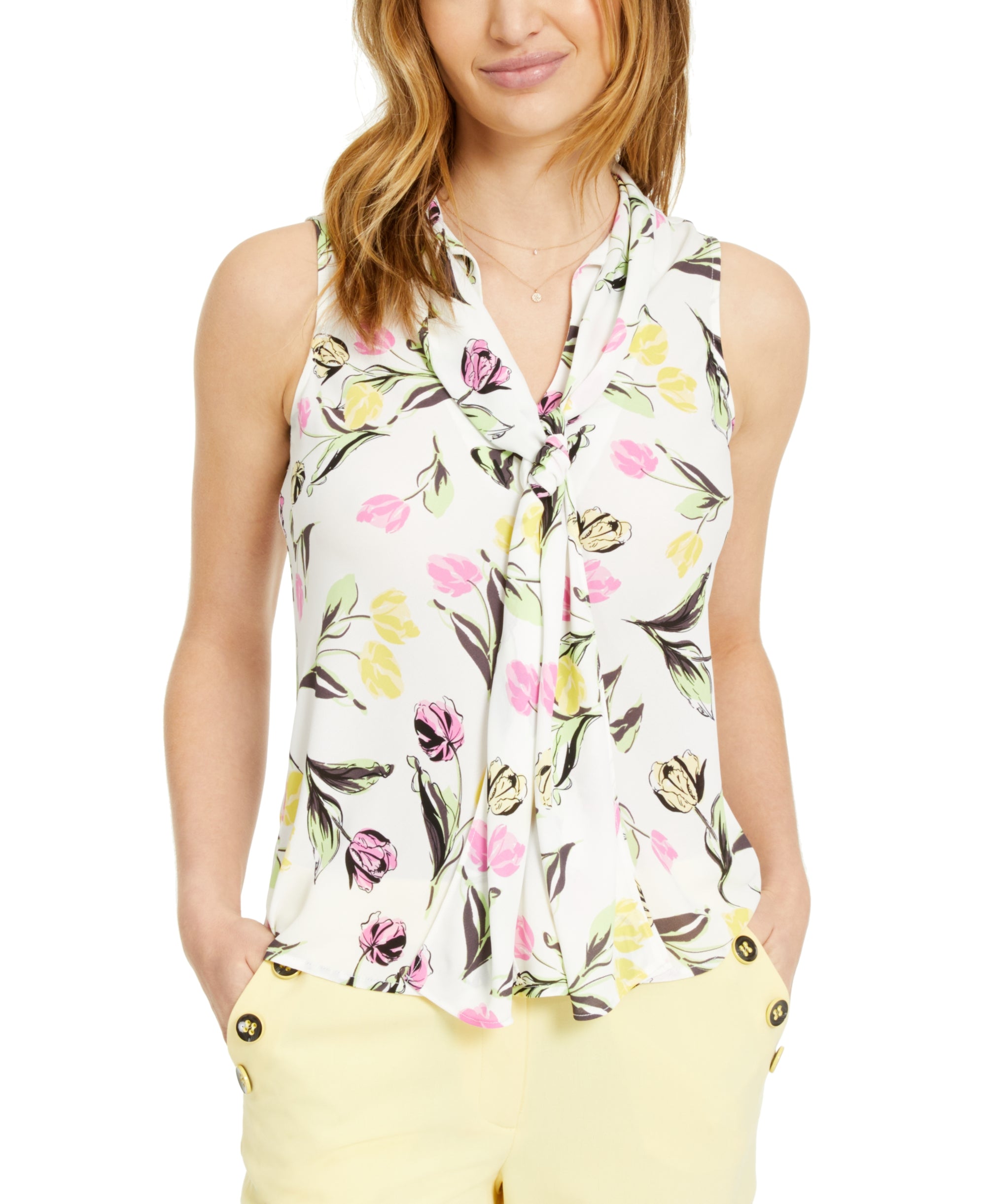 Sleeveless Floral-Print Bow-Neck Top