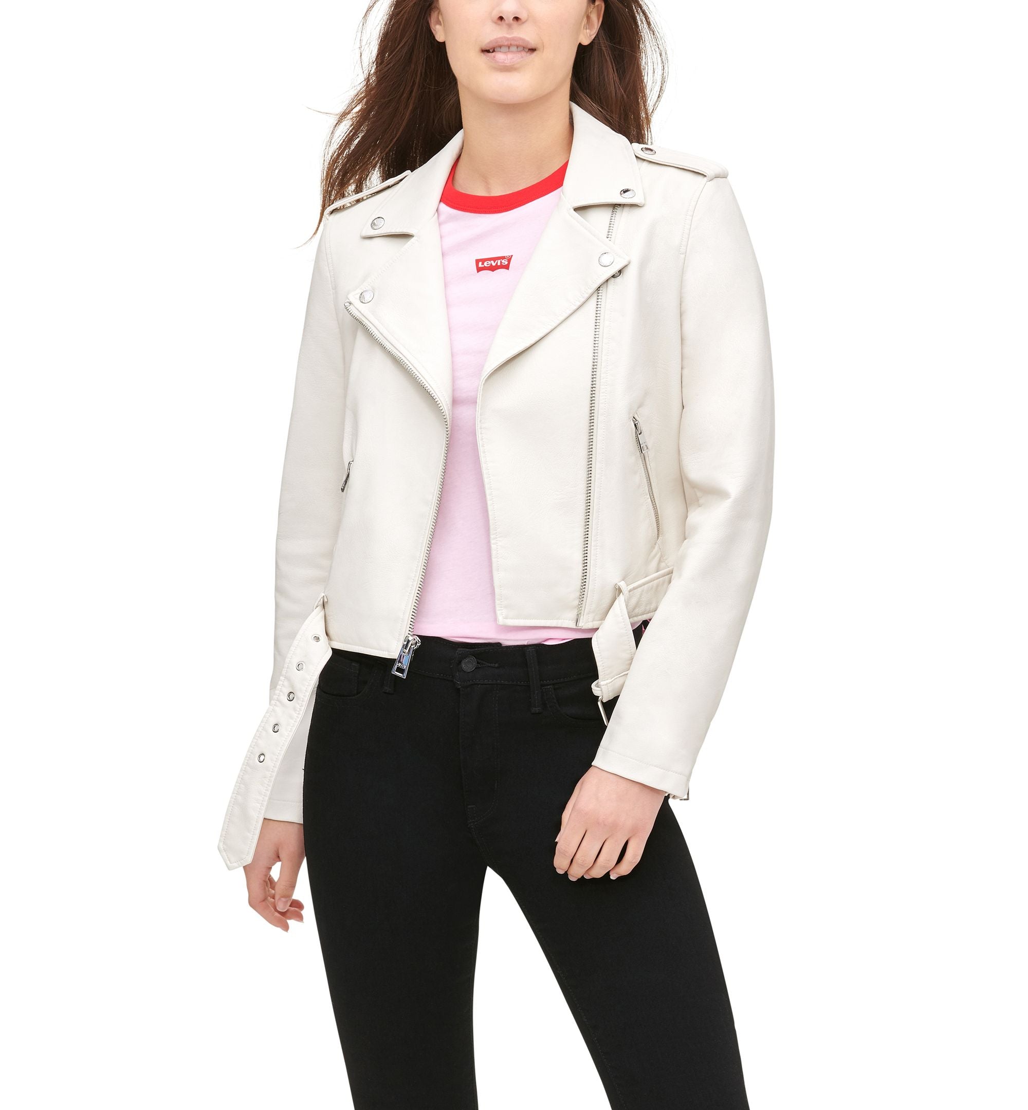 Women's Faux-Leather Belted Hem Moto Jacket